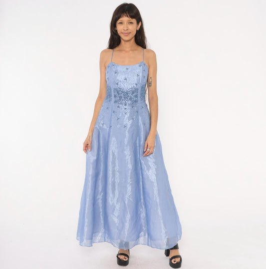 90s Kiki USA Periwinkle Beaded Gown Butterfly Embellished Strapless Organza Medium M