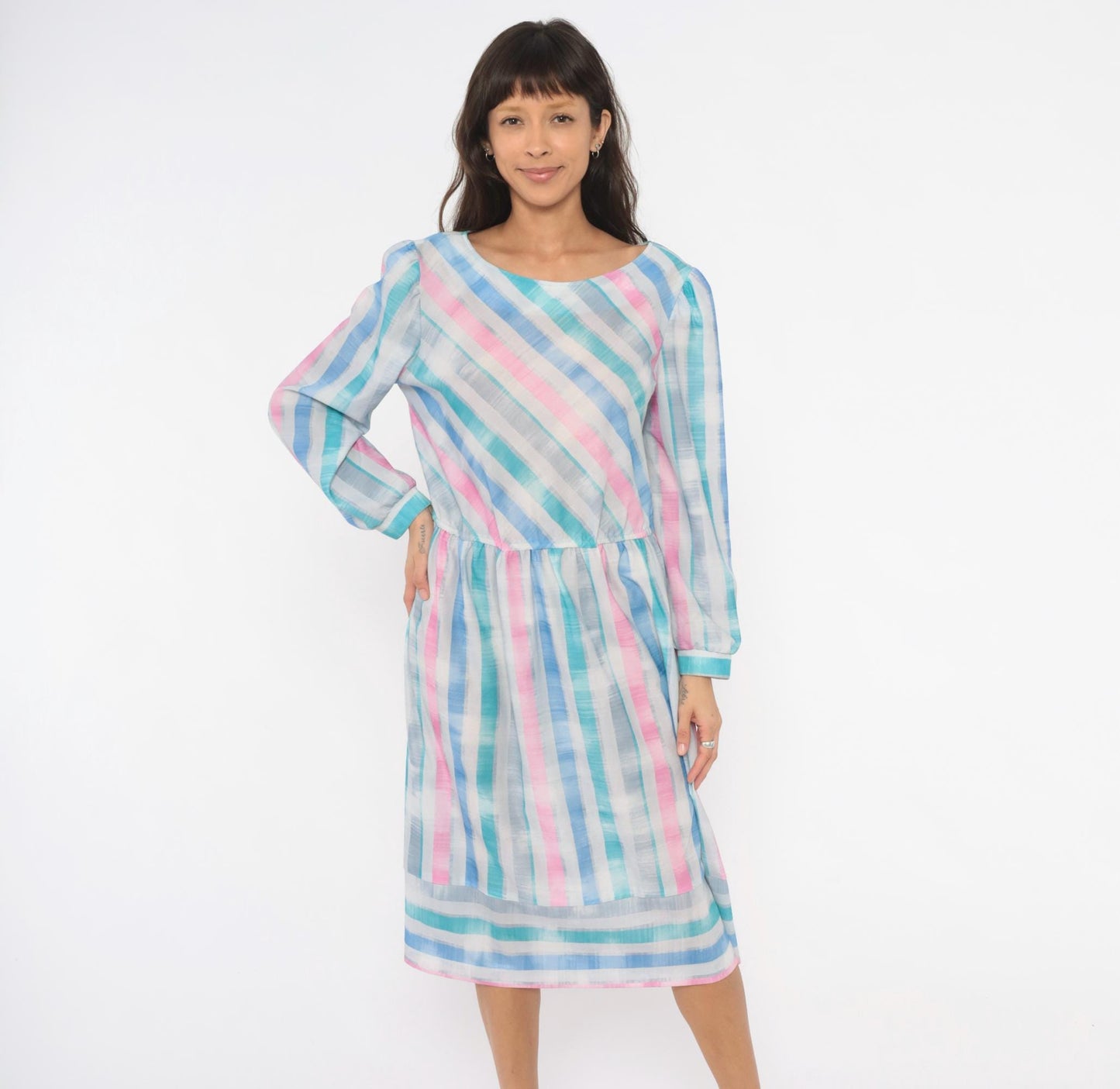 80s Pastel Stripe Diagonal Drop Waist Dress Pink Teal Bishop Sleeve Large L