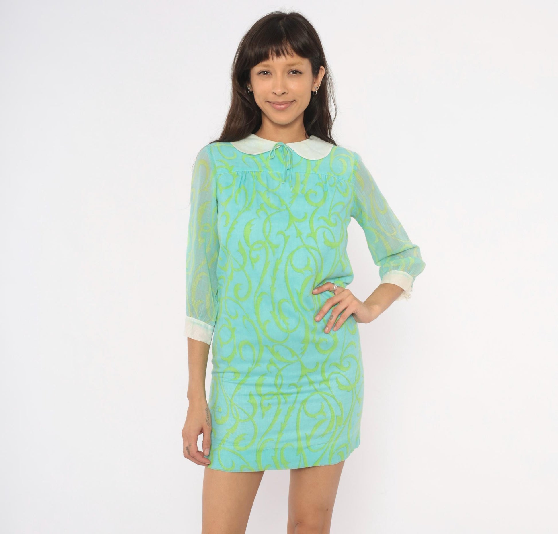60s Psychedelic Swirl Mini Dress Aqua Lime Peter Pan Collar Shift XS