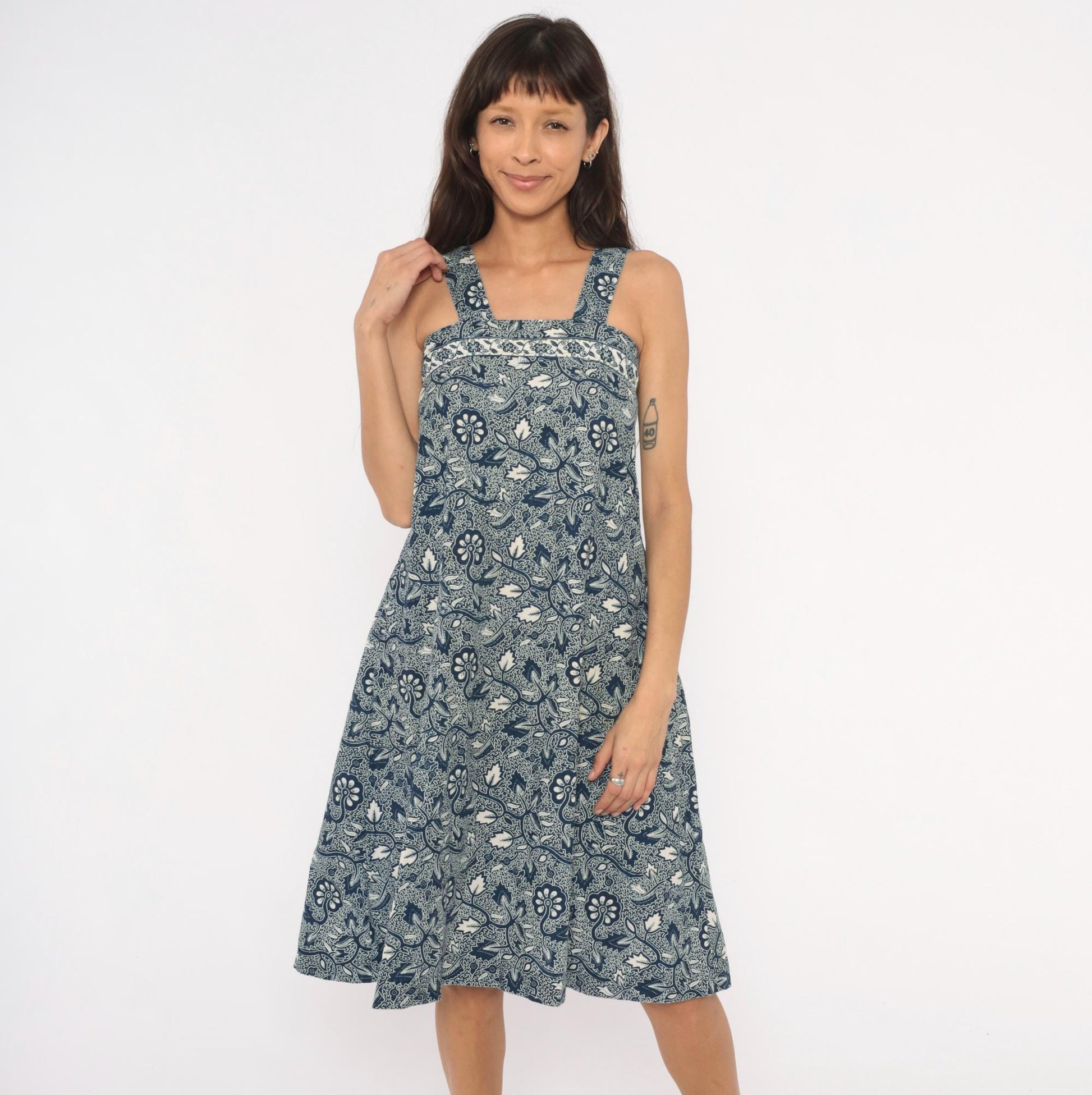 90s Navy Batik Floral Sundress Cotton Square Neck Knee-Length Extra Small XS