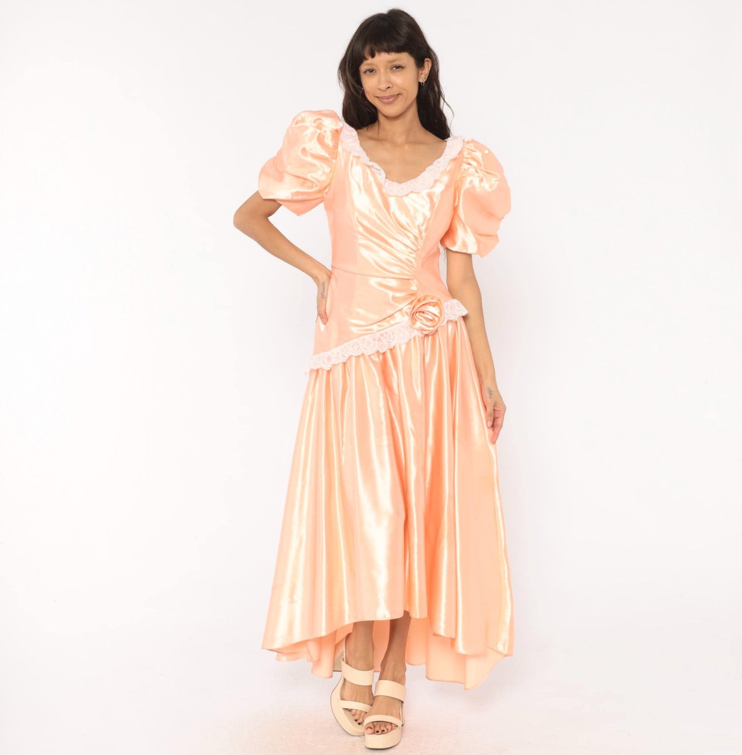 80s Peach Satin Prom Gown Puff Sleeve V Neck Drop Waist Rosette Medium