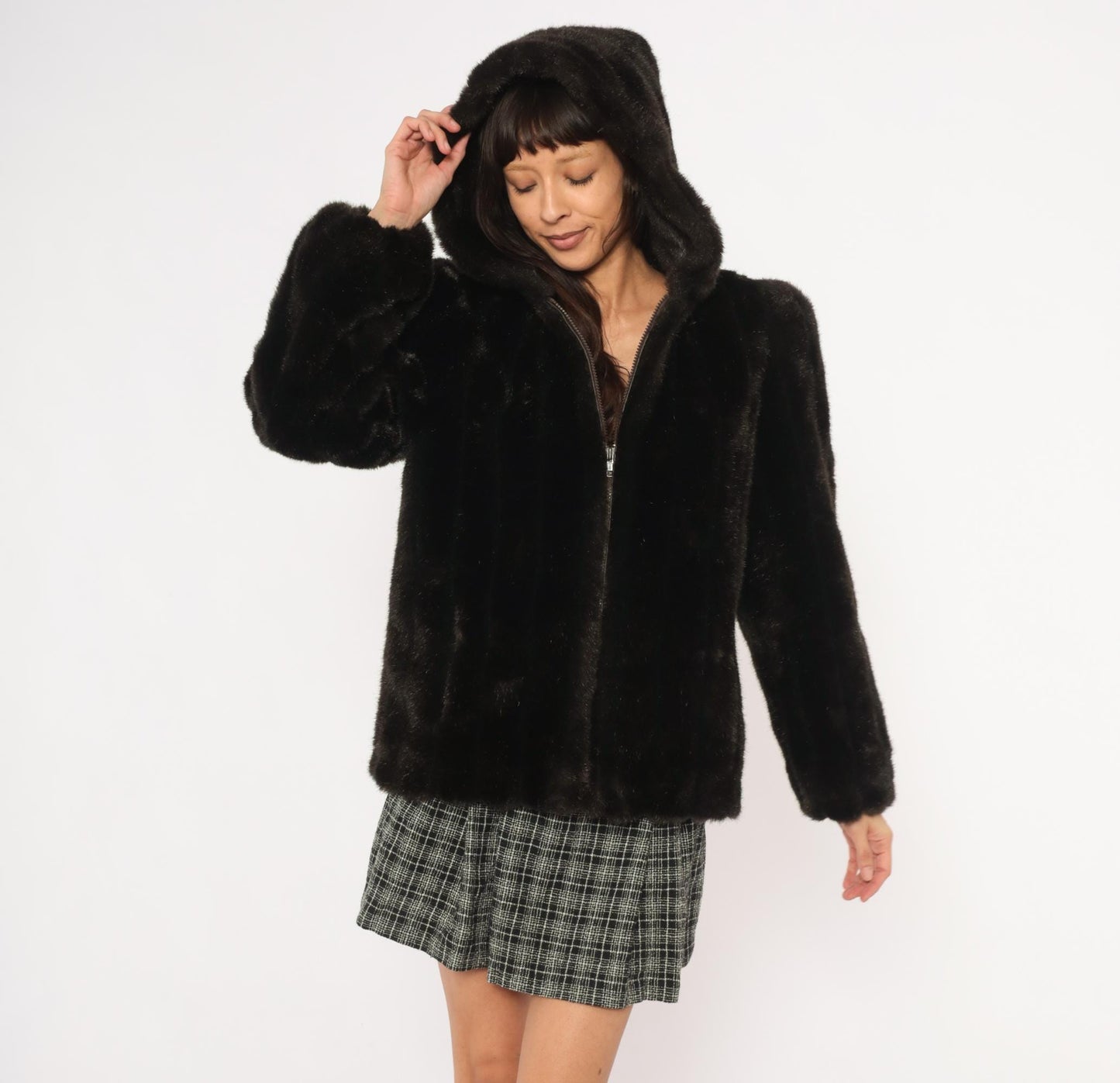 80s Outerlayers Faux Fur Hooded Jacket Dark Brown Zip Coat Medium
