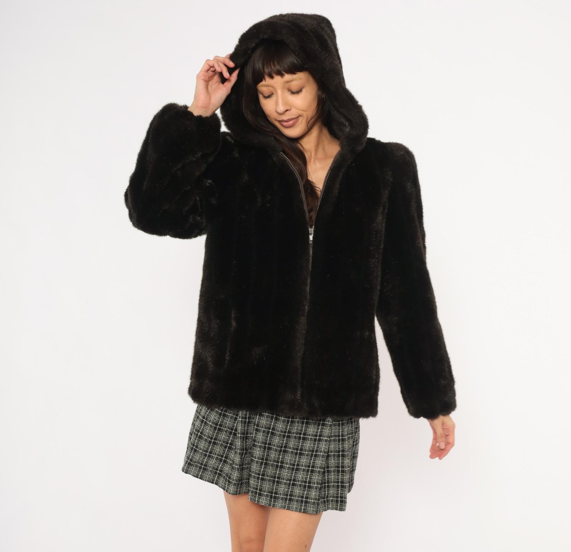 80s Outerlayers Faux Fur Hooded Jacket Dark Brown Zip Coat Medium