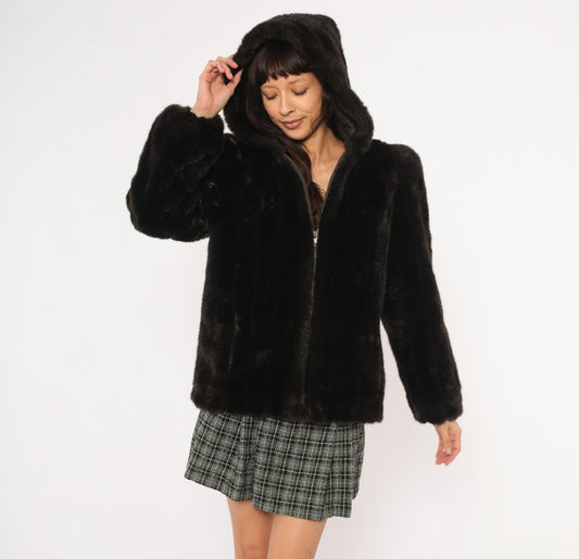 80s Outerlayers Faux Fur Hooded Jacket Dark Brown Zip Coat Medium
