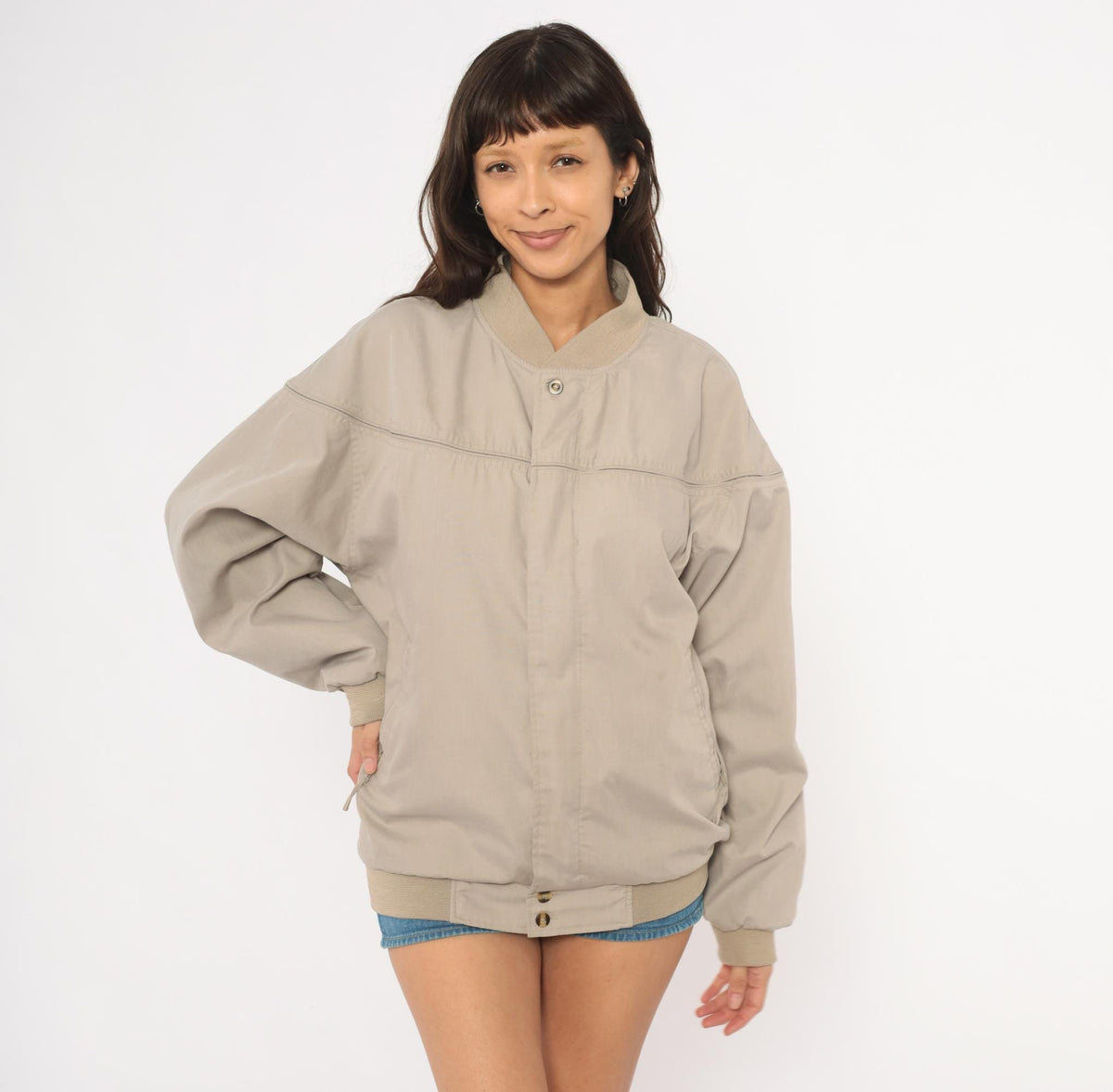 80s Windbreaker Bomber Jacket Tan Ribbed Knit Collar Small