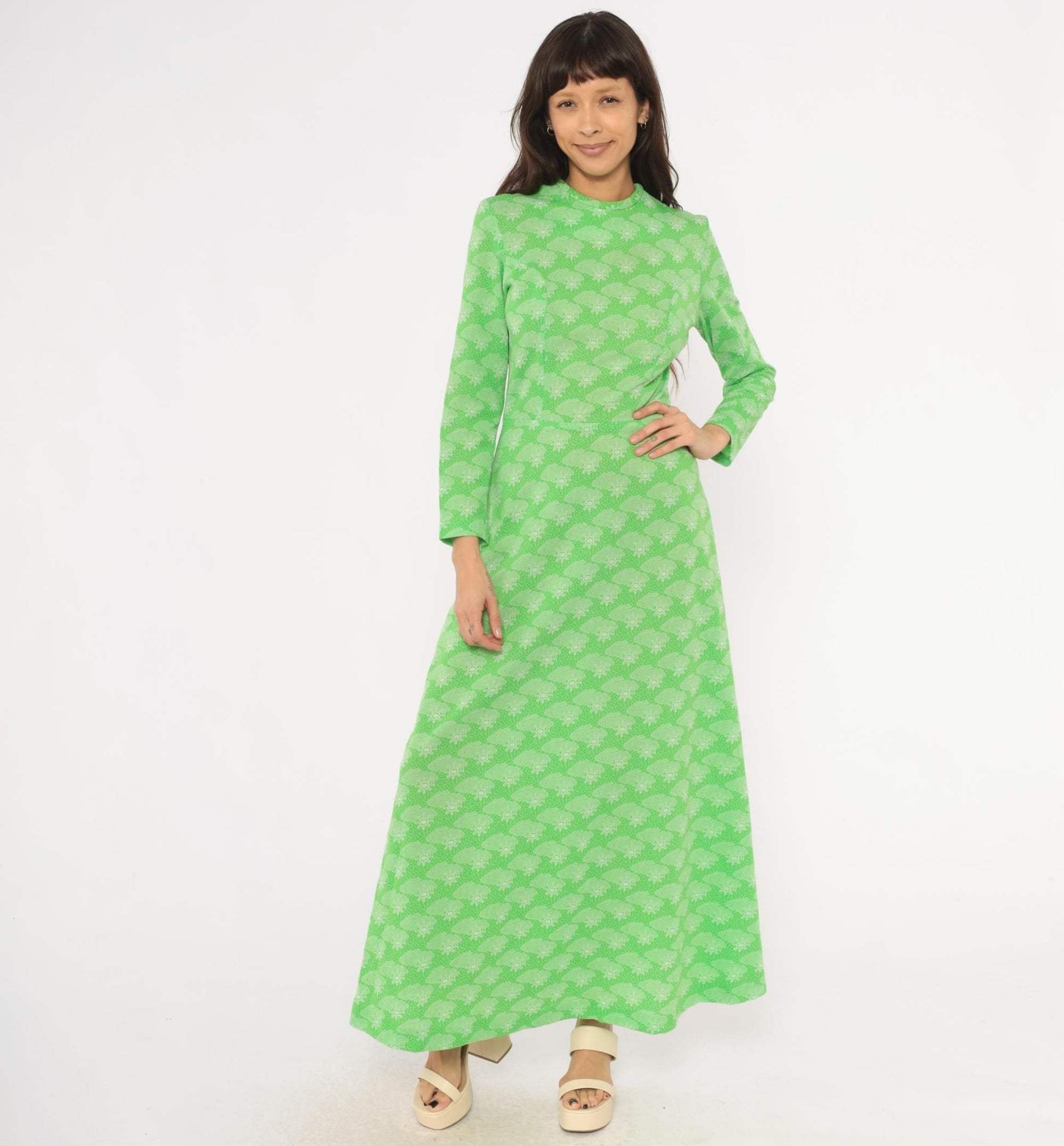 70s Green Maxi Dress Sun Cloud Print Long Sleeve Knit Small