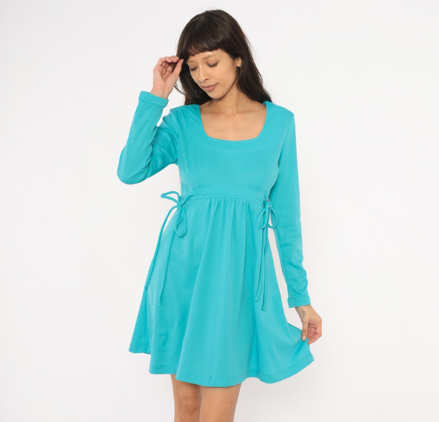 70s Aqua Babydoll Mini Dress Empire Waist Tie Side Long Sleeve Medium M