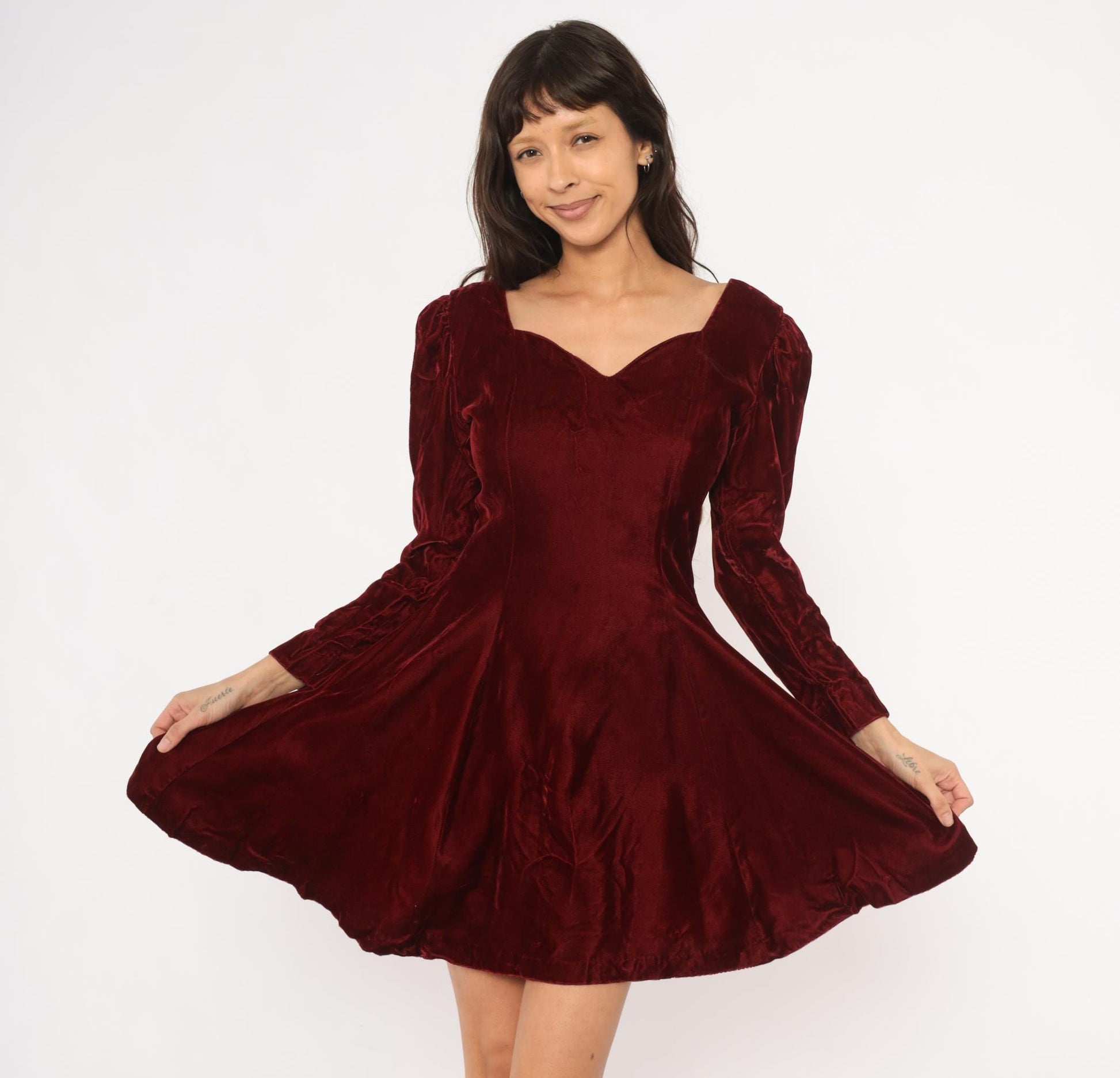 90s Perspective Burgundy Velvet Mini Dress Sweetheart Neckline Puff Sleeve Small S