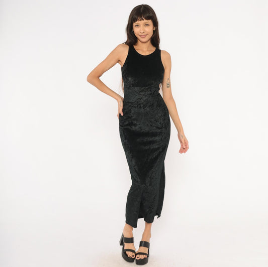 90s Hana Black Crushed Velvet Maxi Dress Sleeveless Scoop Neck Small S
