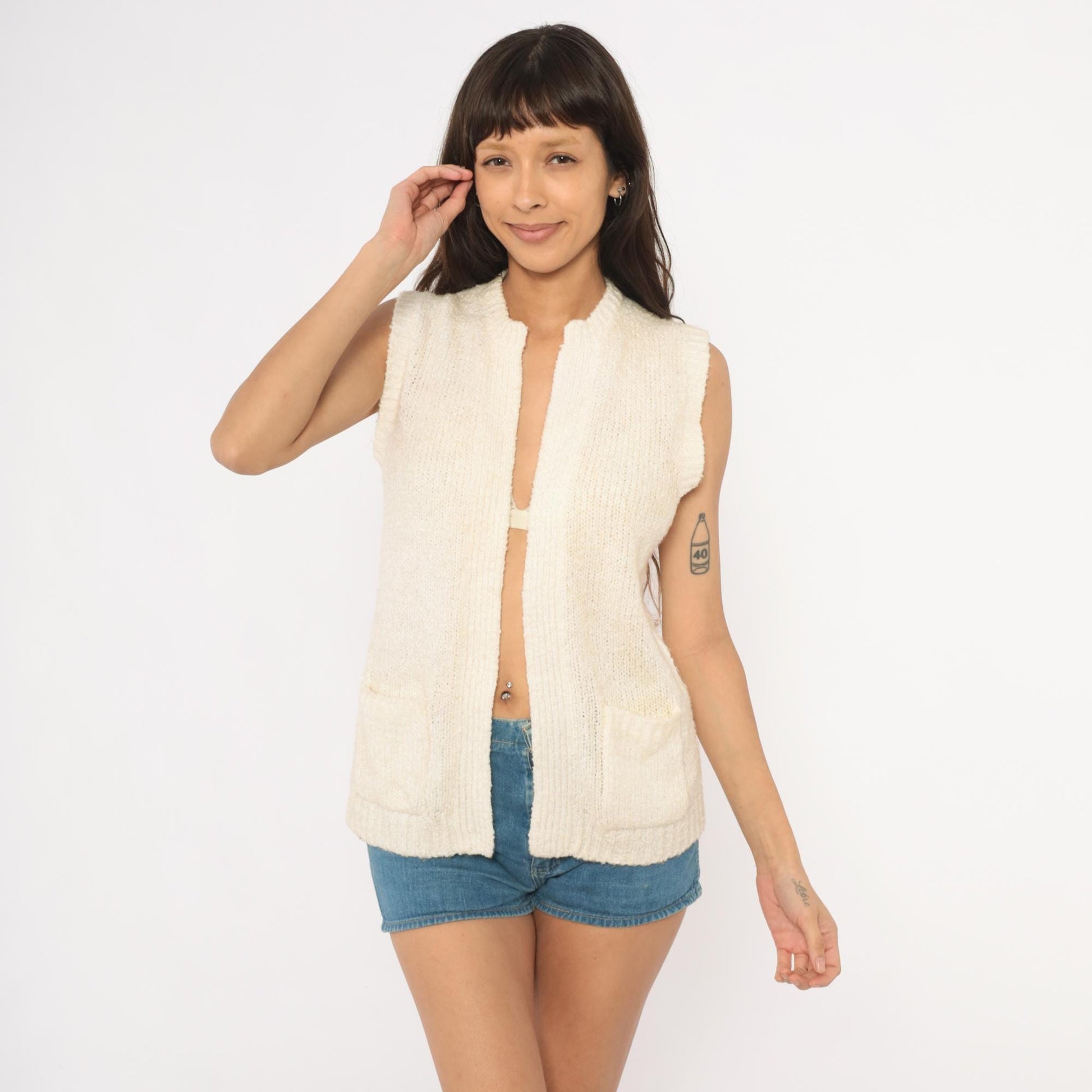 80s Moneta Cream Knit Sweater Vest Patch Pocket Cardigan Small