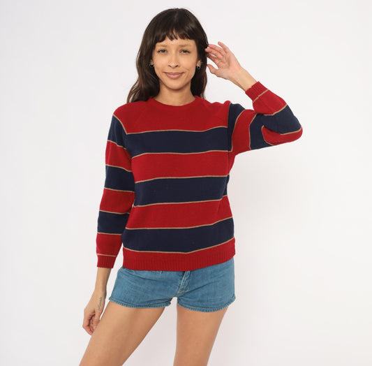 80s Striped Raglan Pullover Sweater Red Navy Burgundy Knit Small