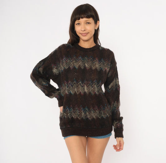 80s Croft & Barrow Chevron Zigzag Wool Pullover Dark Brown Small