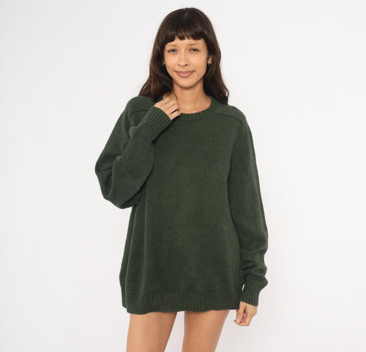 90s Lands End Dark Olive Cotton Knit Crewneck Pullover Extra Large XL