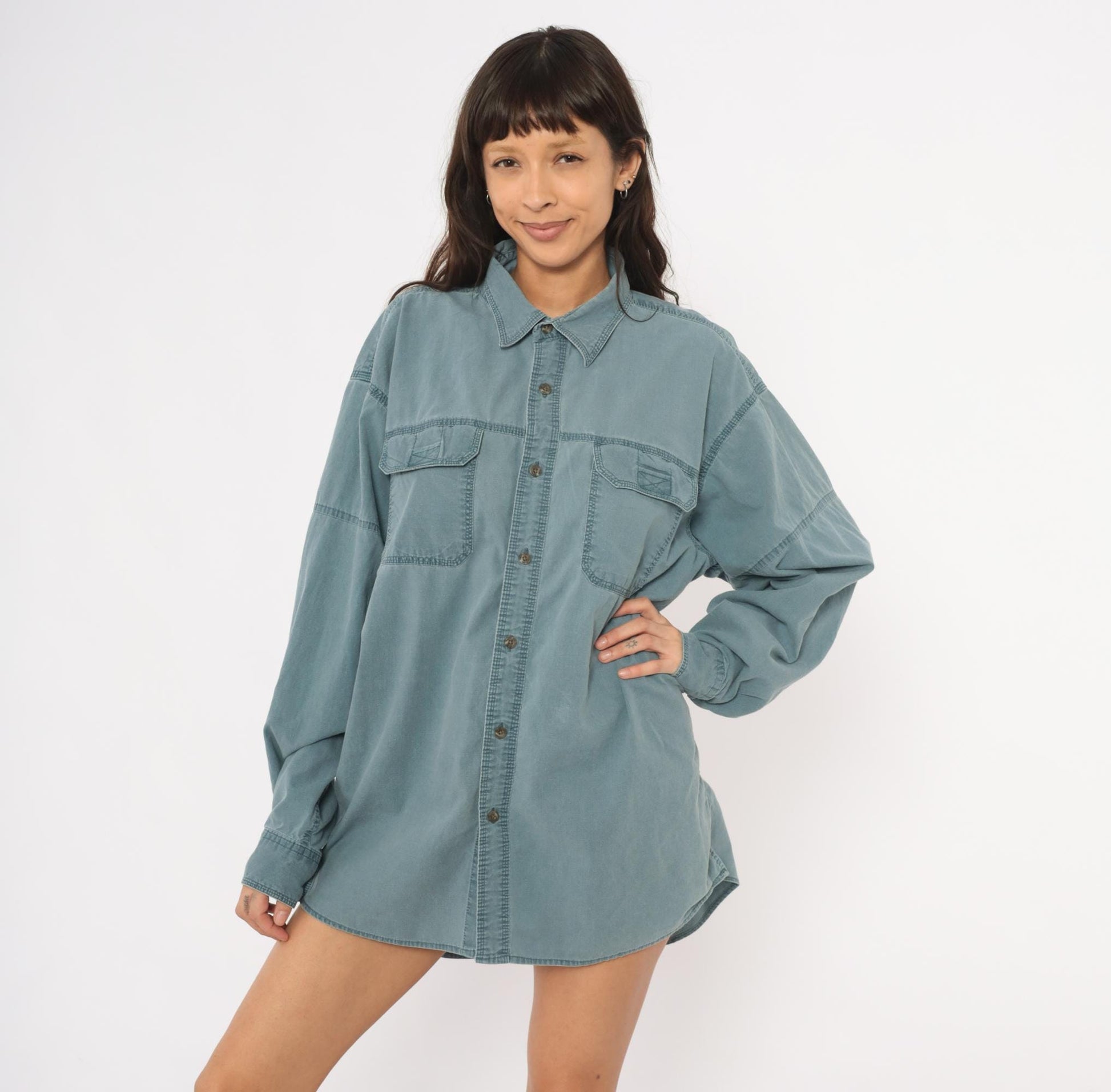 2000s Redhead Slate Blue Cotton Work Shirt Pointed Collar Chest Pockets Extra Large XL