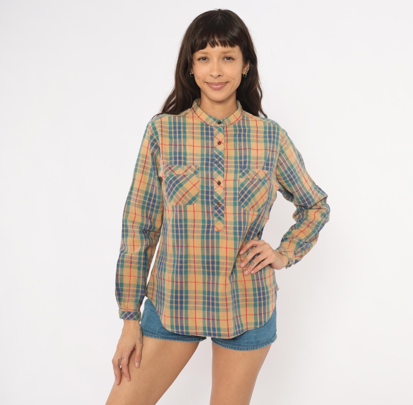 80s Hot Line Mervyns Plaid Henley Shirt Tan Navy Teal Red Cotton Small