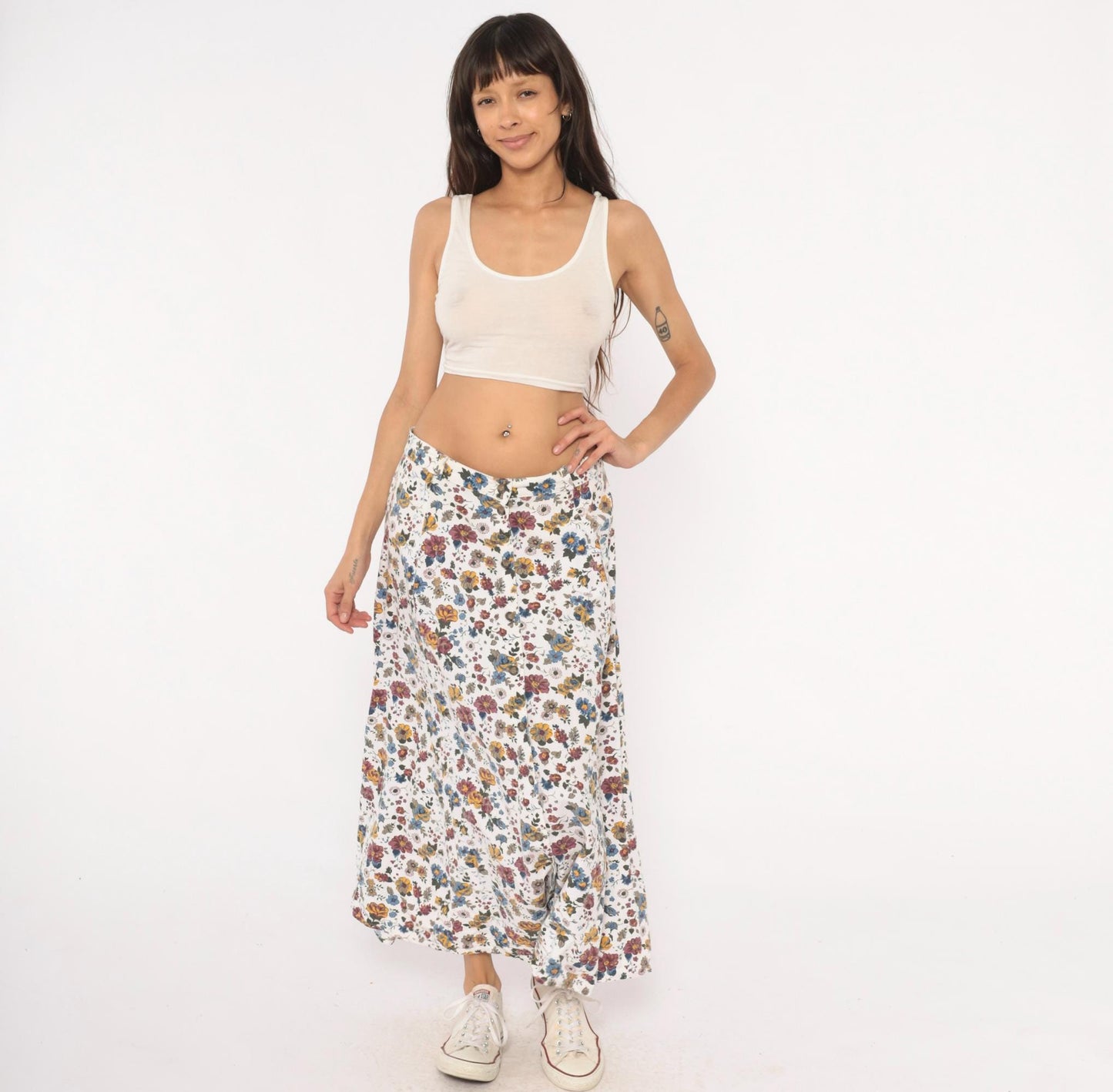 90s White Stag Floral Maxi Skirt Burgundy Mustard Garden Print Large L