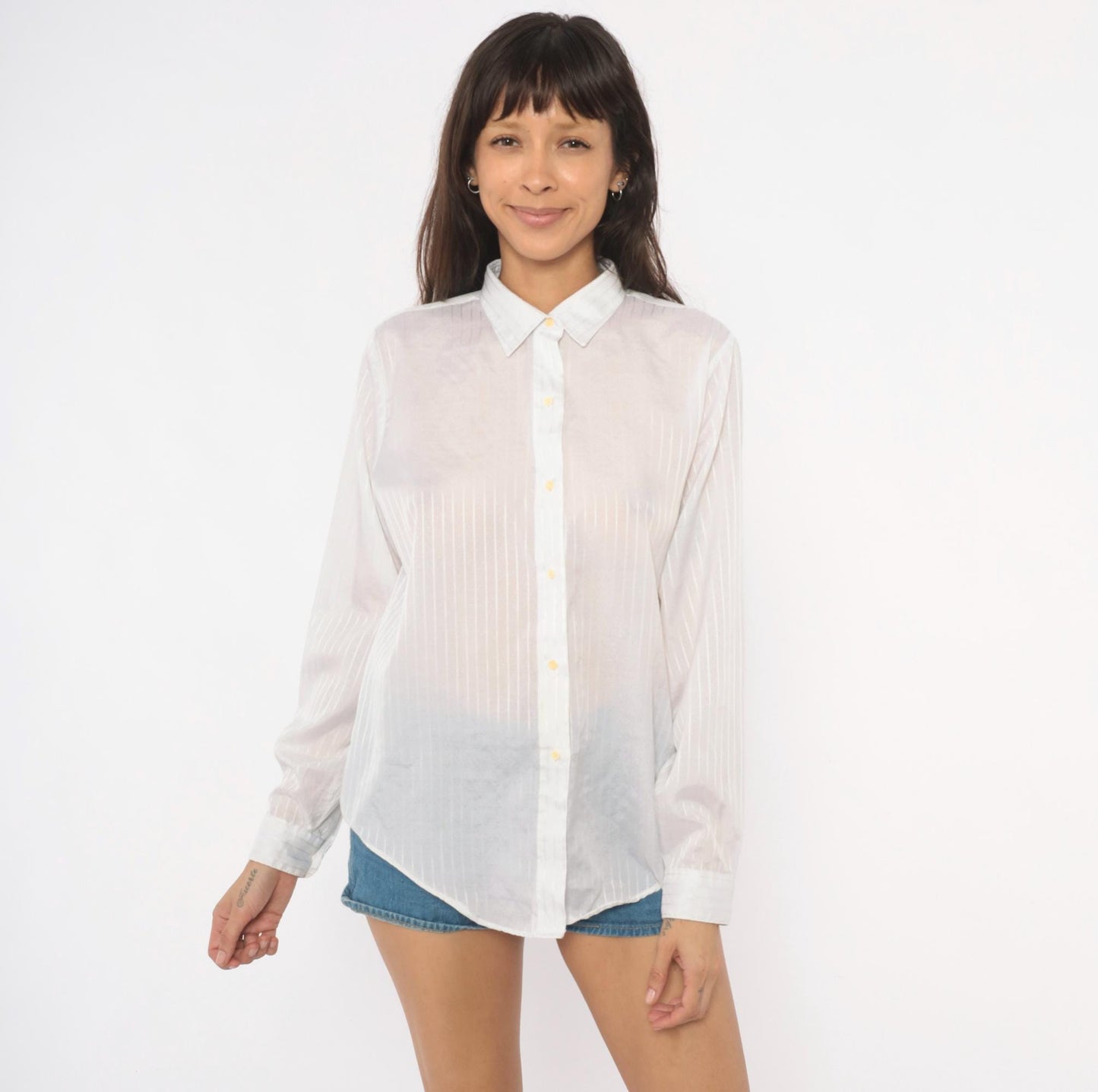 90s Cobble-Lane White Striped Button-Up Blouse Pointed Collar Large L