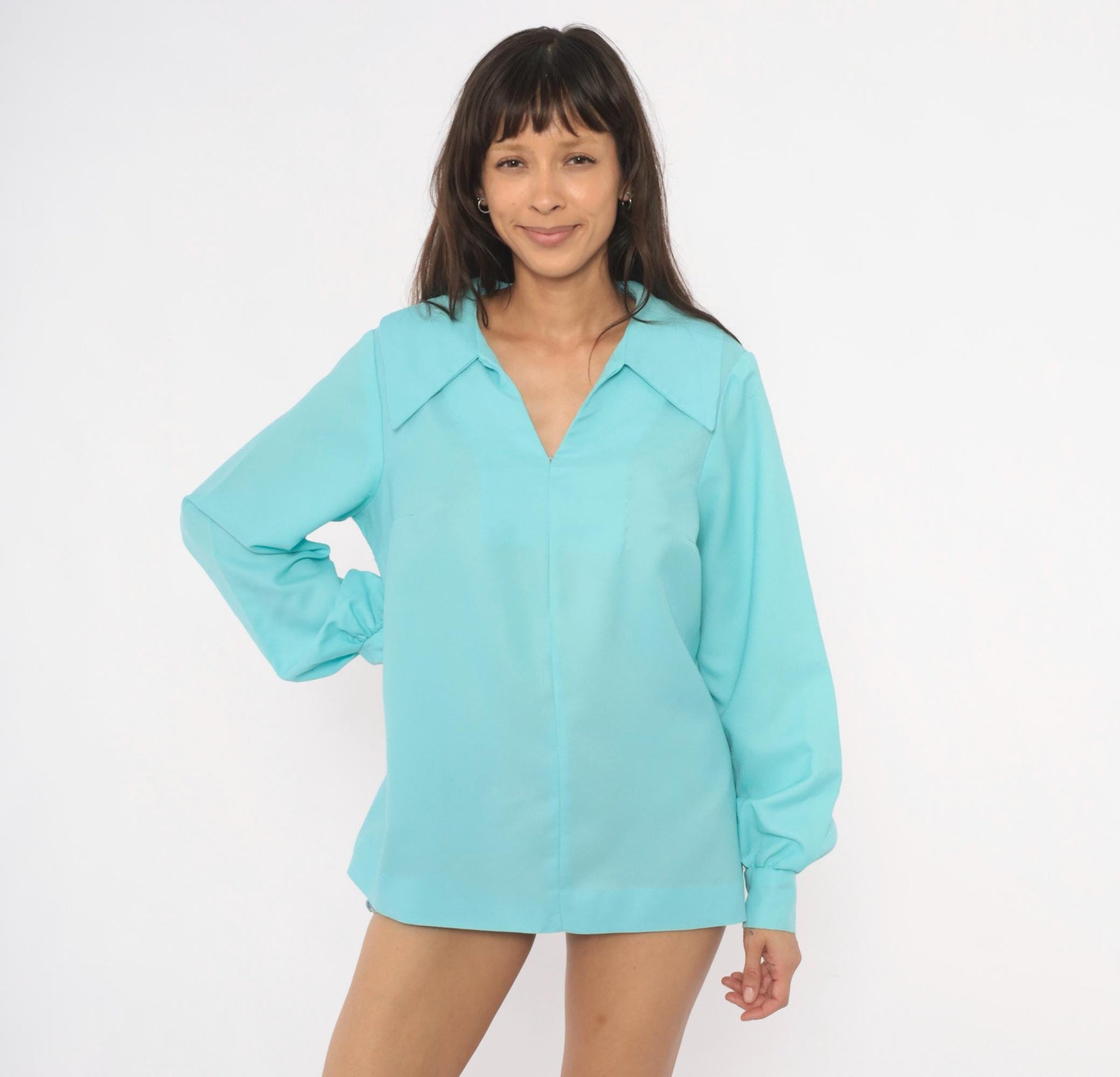 70s Aqua Pullover Blouse V Neck Bishop Sleeve Tunic Large L