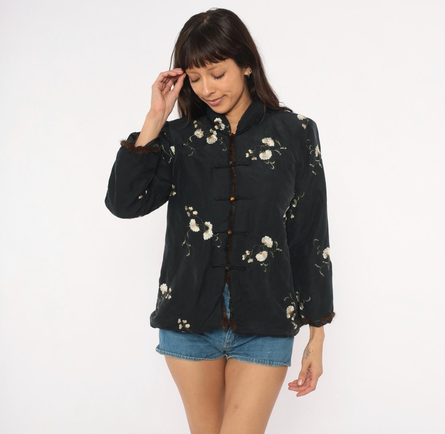 90s Esme Black Silk Jacket Embroidered Floral Mandarin Collar Quilted Small S
