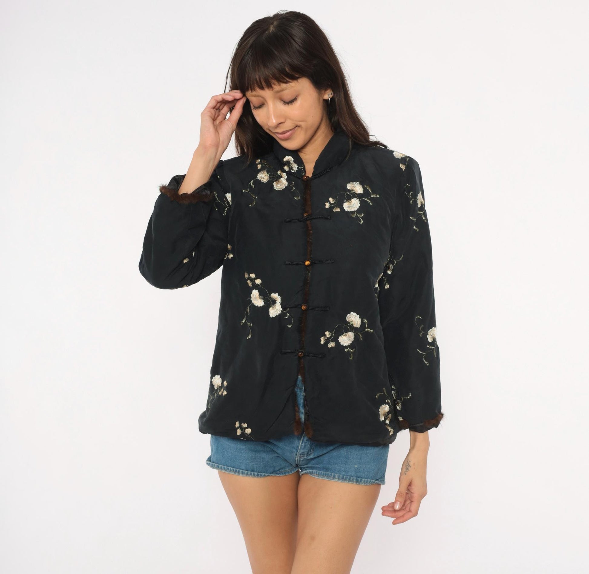 90s Esme Black Silk Jacket Embroidered Floral Mandarin Collar Quilted Small S