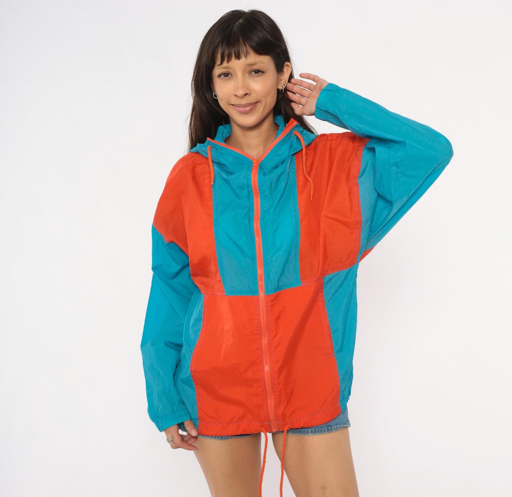 80s Sbi Teal Orange Colorblock Windbreaker Hooded Nylon Jacket Small