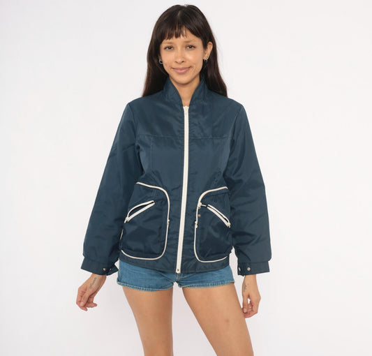 70s Navy Windbreaker White Contrast Zipper Stand Collar Shell Jacket Small S