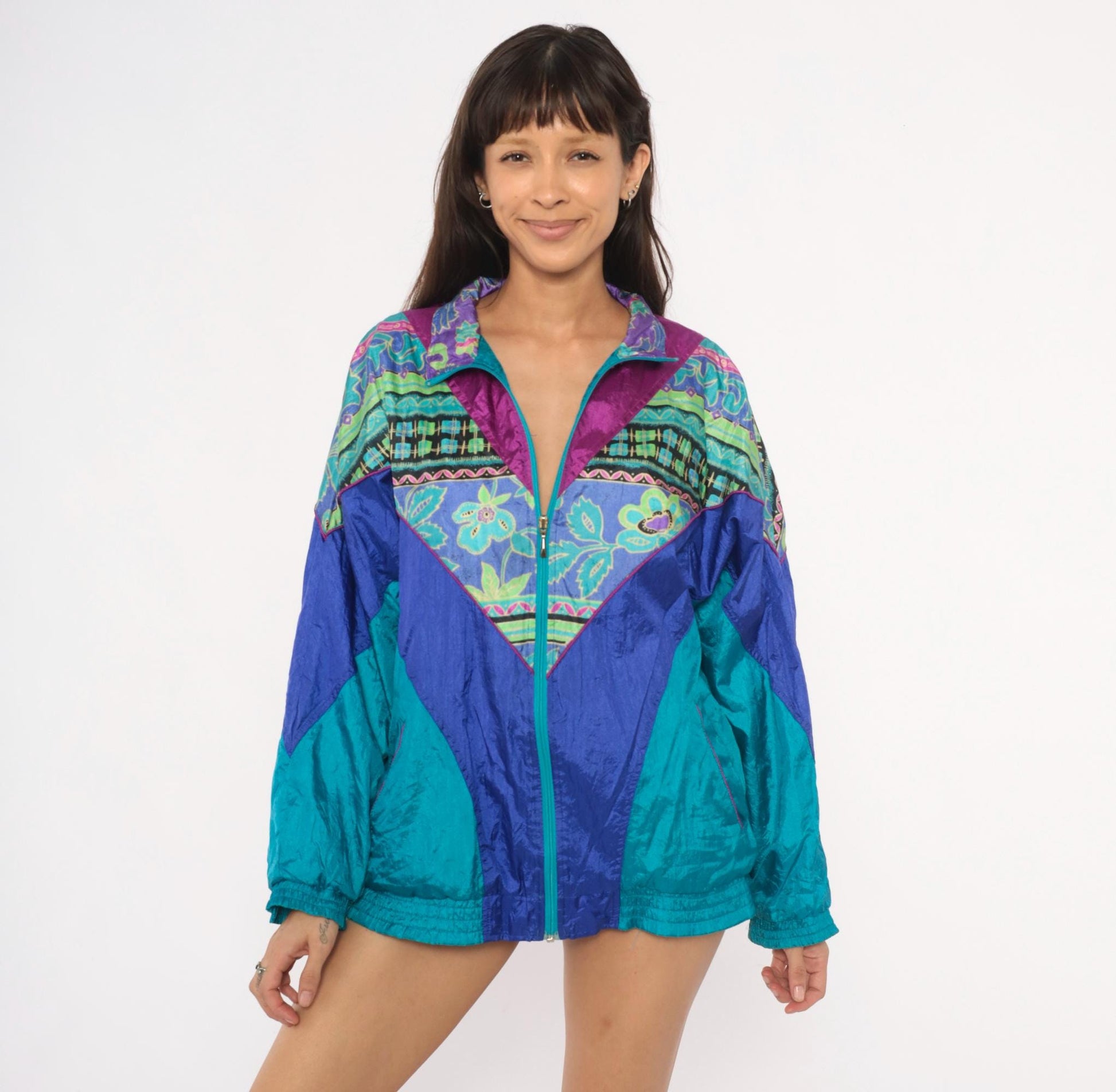 90s Bold Spirit Colorblock Windbreaker Teal Purple Geometric Floral Extra Large XL