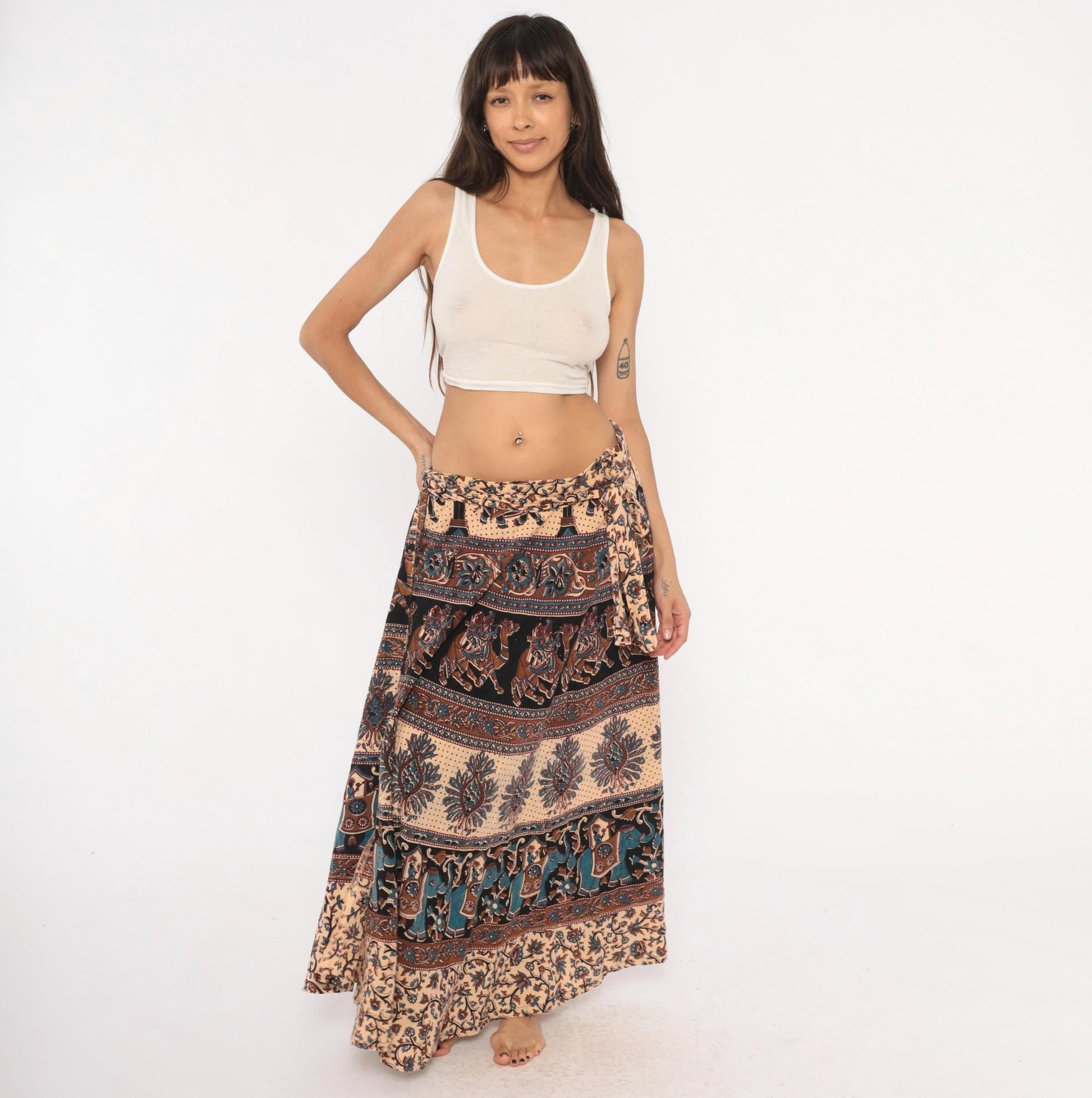 90s Indian Block Print Cotton Wrap Skirt Elephant Peacock Tan Black Teal Small-Large