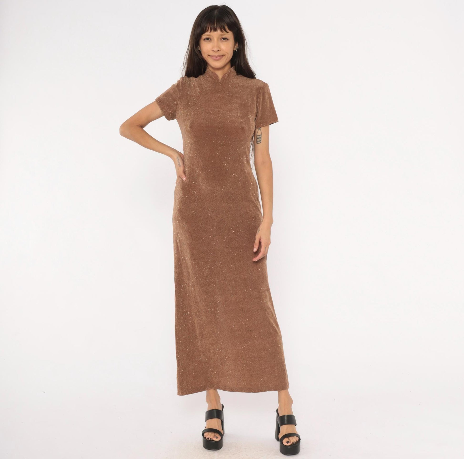 90s Jessica Howard Mocha Velvet Maxi Dress Glitter Mock Neck Small