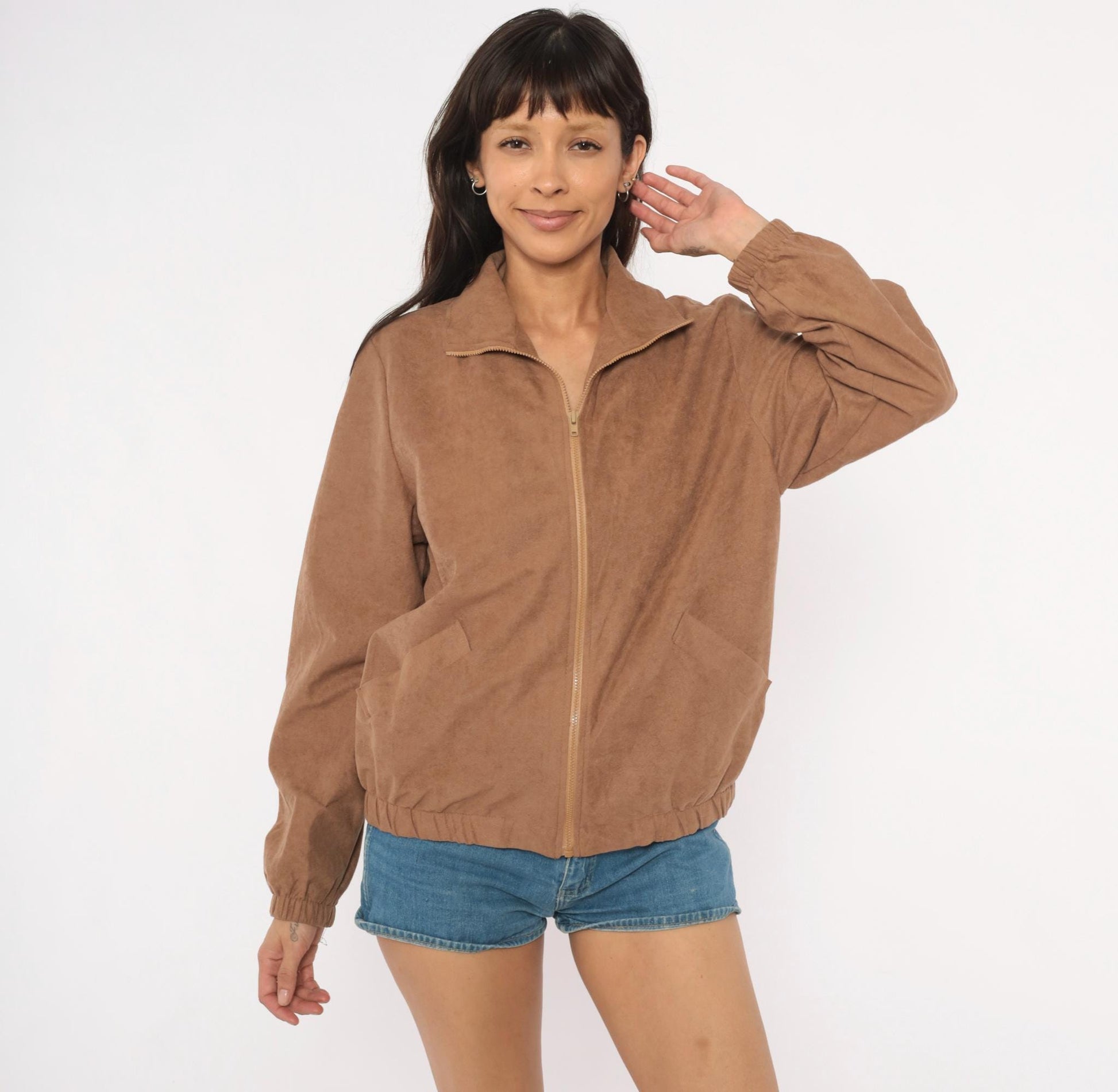 80s Blair Tan Faux Suede Bomber Jacket Zip Harrington Collar Medium