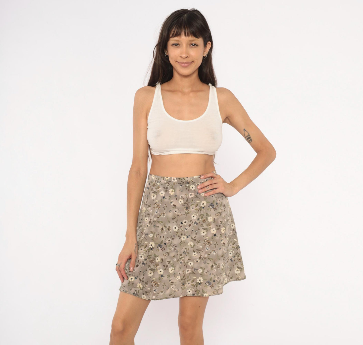 90s We Too Floral Mini Skirt Taupe Ditsy Print A-Line Small S