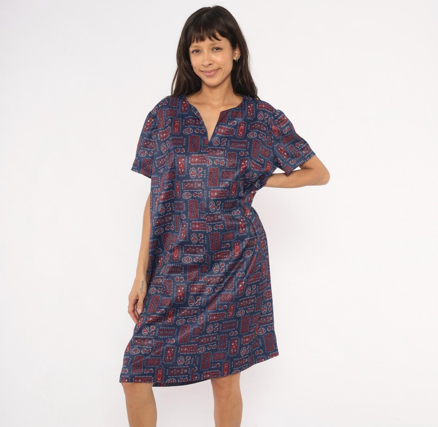 70s Navy Bandana Patchwork Shift Dress Red Floral Folk Print Knee Length Extra Large