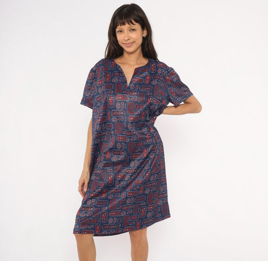 70s Navy Bandana Patchwork Shift Dress Red Floral Folk Print Knee Length Extra Large