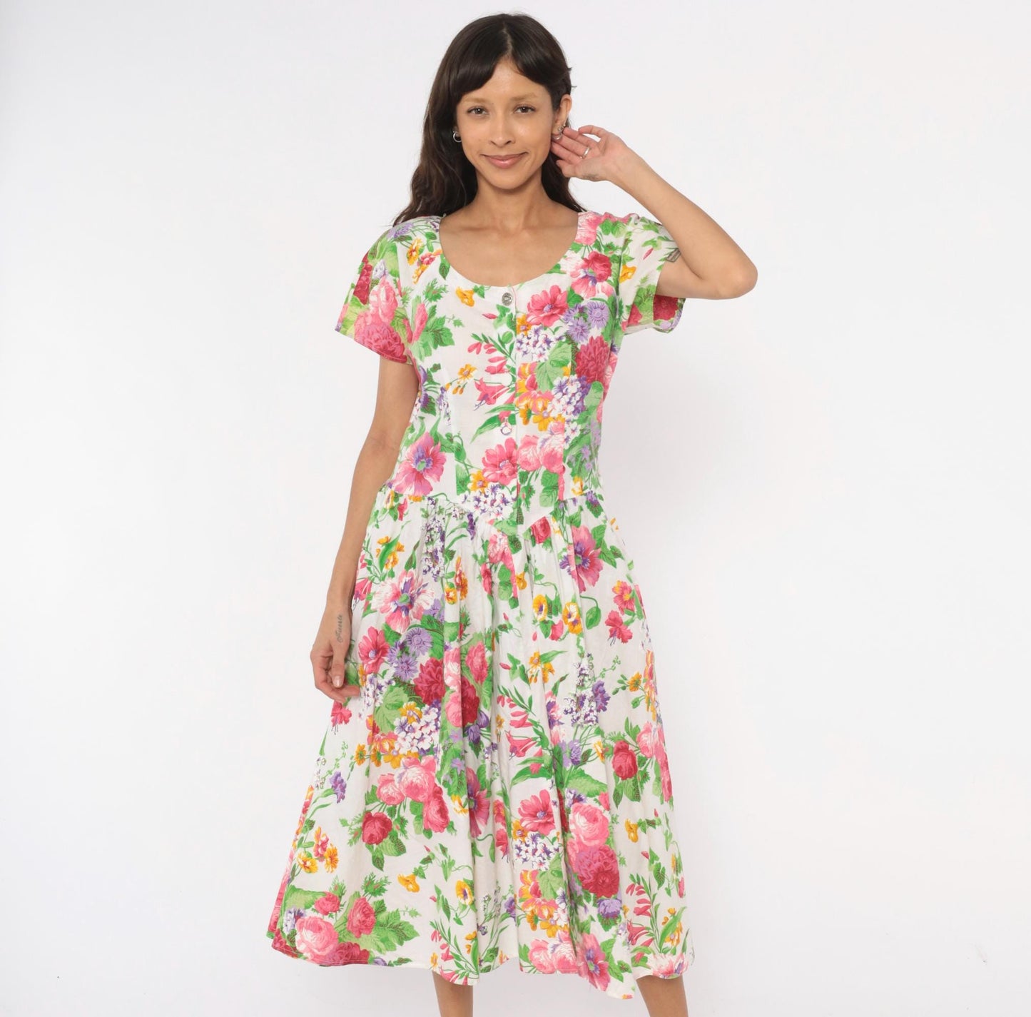 80s Dawn Joy Fashions Floral Midi Dress Cotton Pink Rose Garden Print Medium