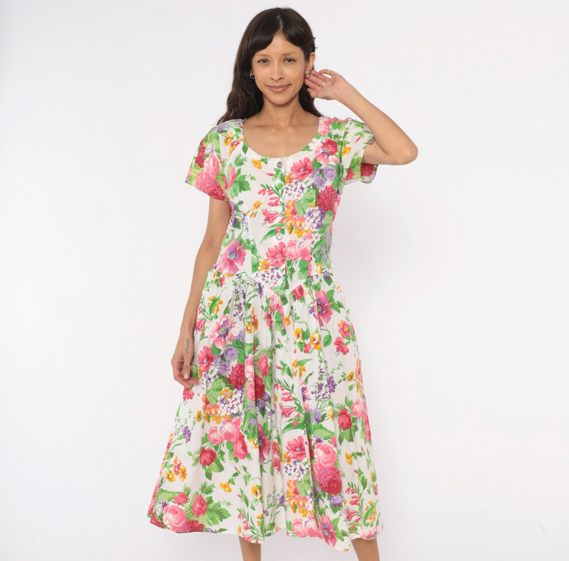 80s Dawn Joy Fashions Floral Midi Dress Cotton Pink Rose Garden Print Medium