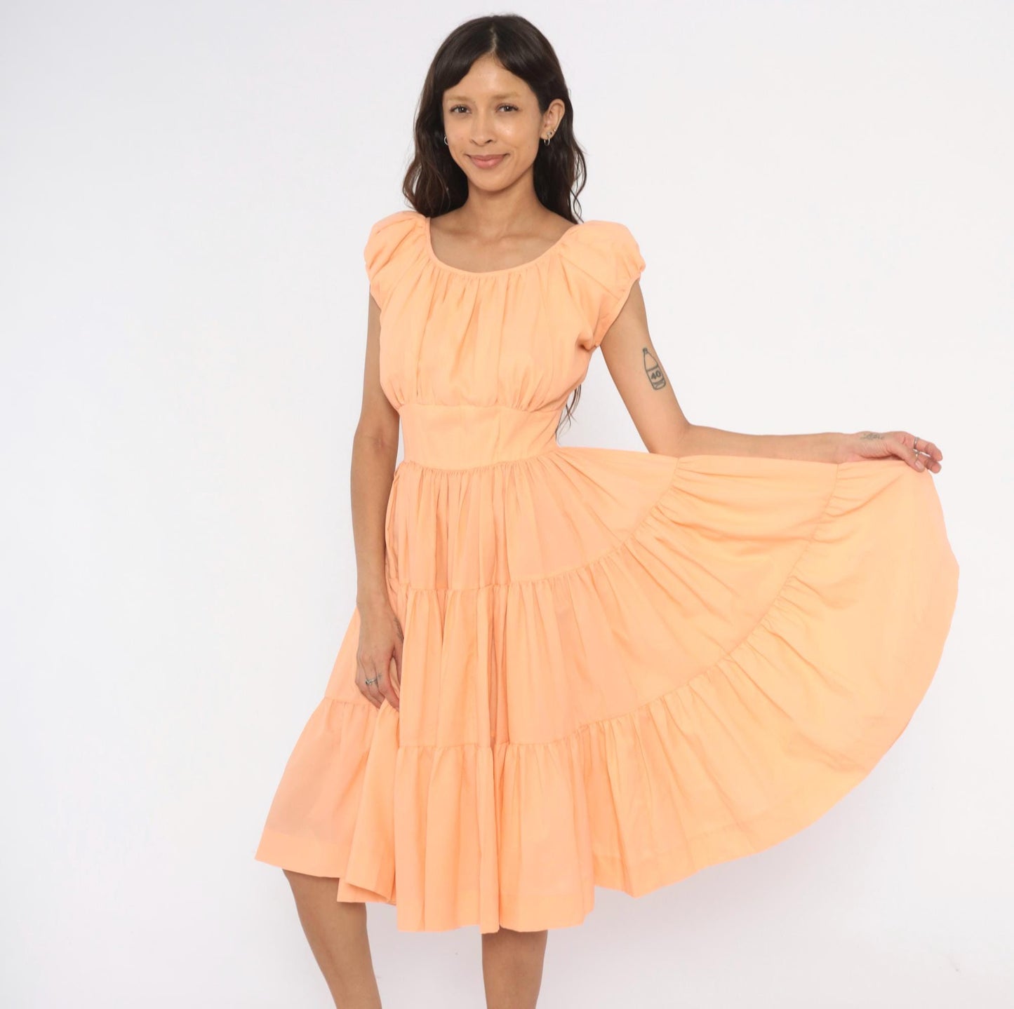 60s Peach Puff Sleeve Tiered Dress Gathered Bodice Knee Length Small