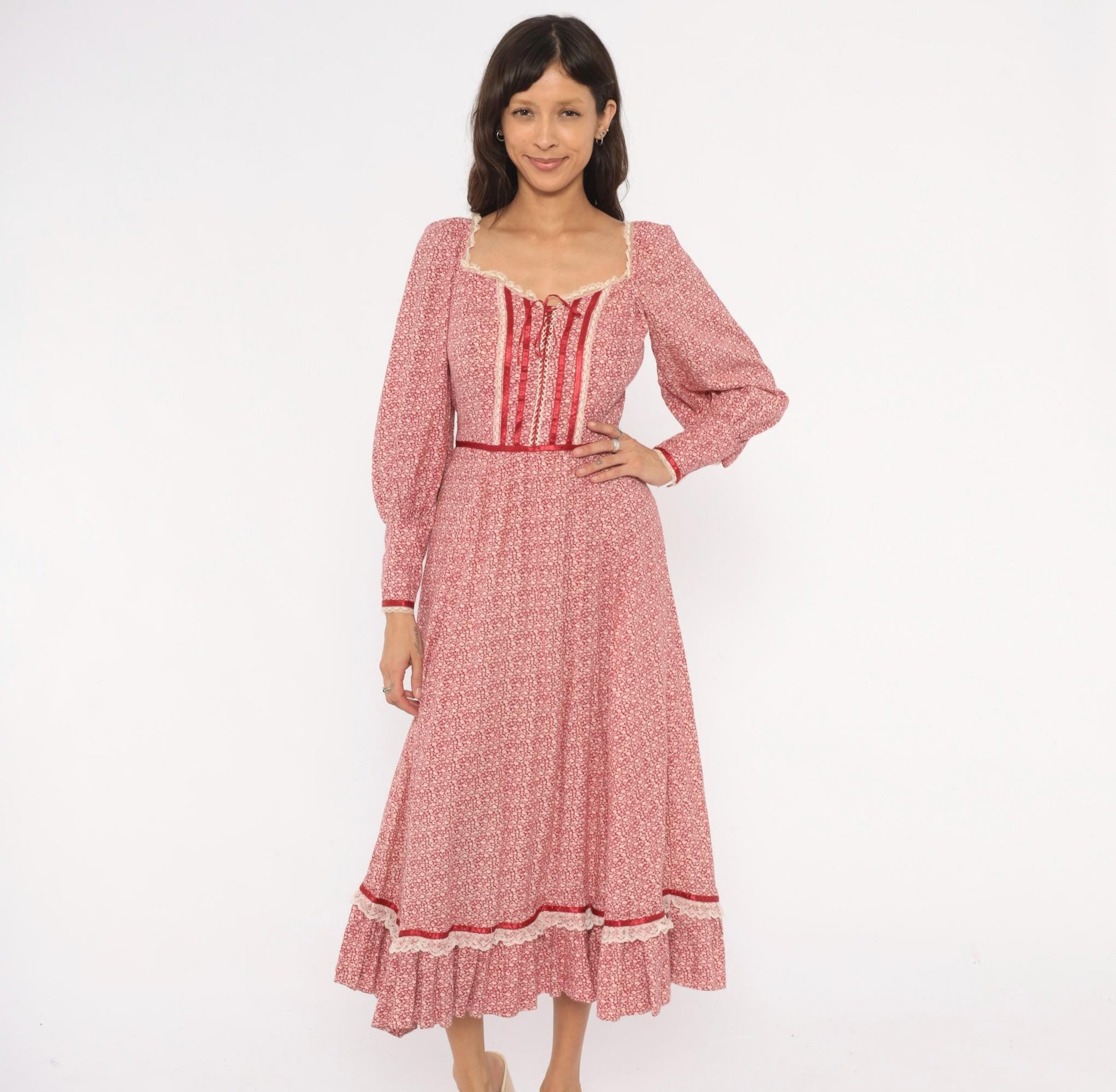 70s Wildes Red Calico Prairie Dress Lace Corset Puff Sleeve Maxi Small