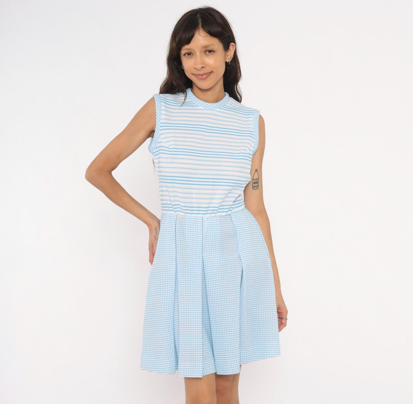 70s Vicky Vaughn Gingham Stripe Dress Sky Blue White Peter Pan Collar Medium