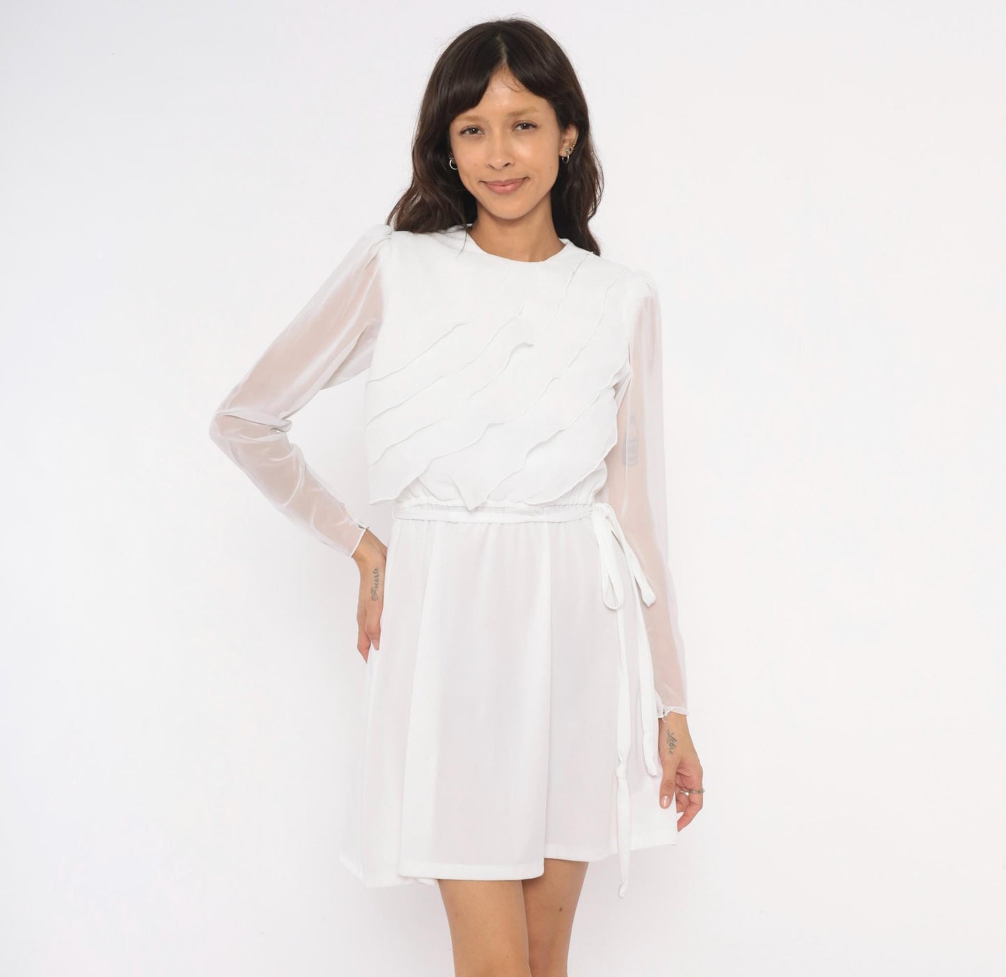 70s White Mini Dress Tiered Ruffle Chiffon Long Sleeve Crew Neck Small