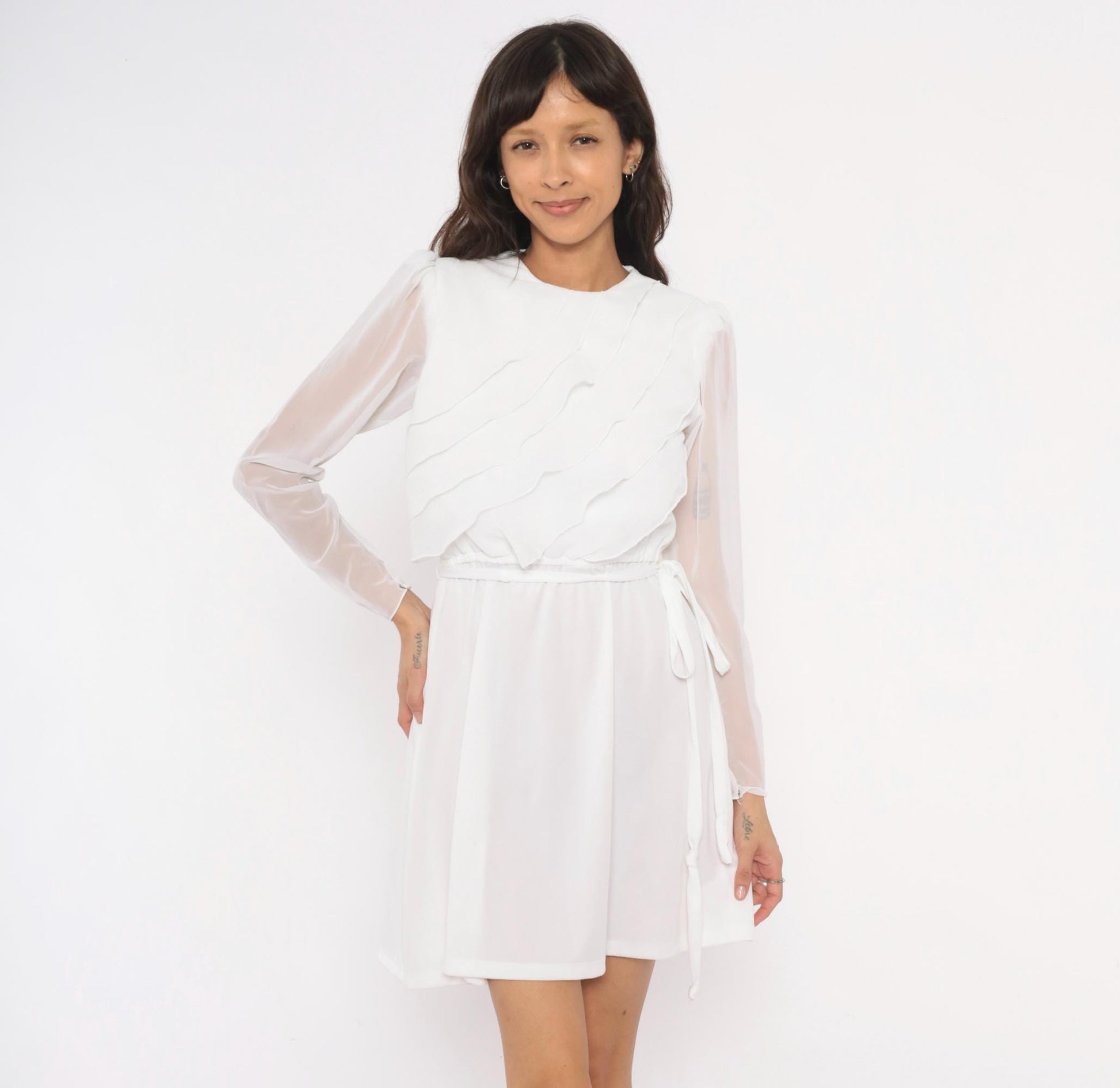 70s White Mini Dress Tiered Ruffle Chiffon Long Sleeve Crew Neck Small