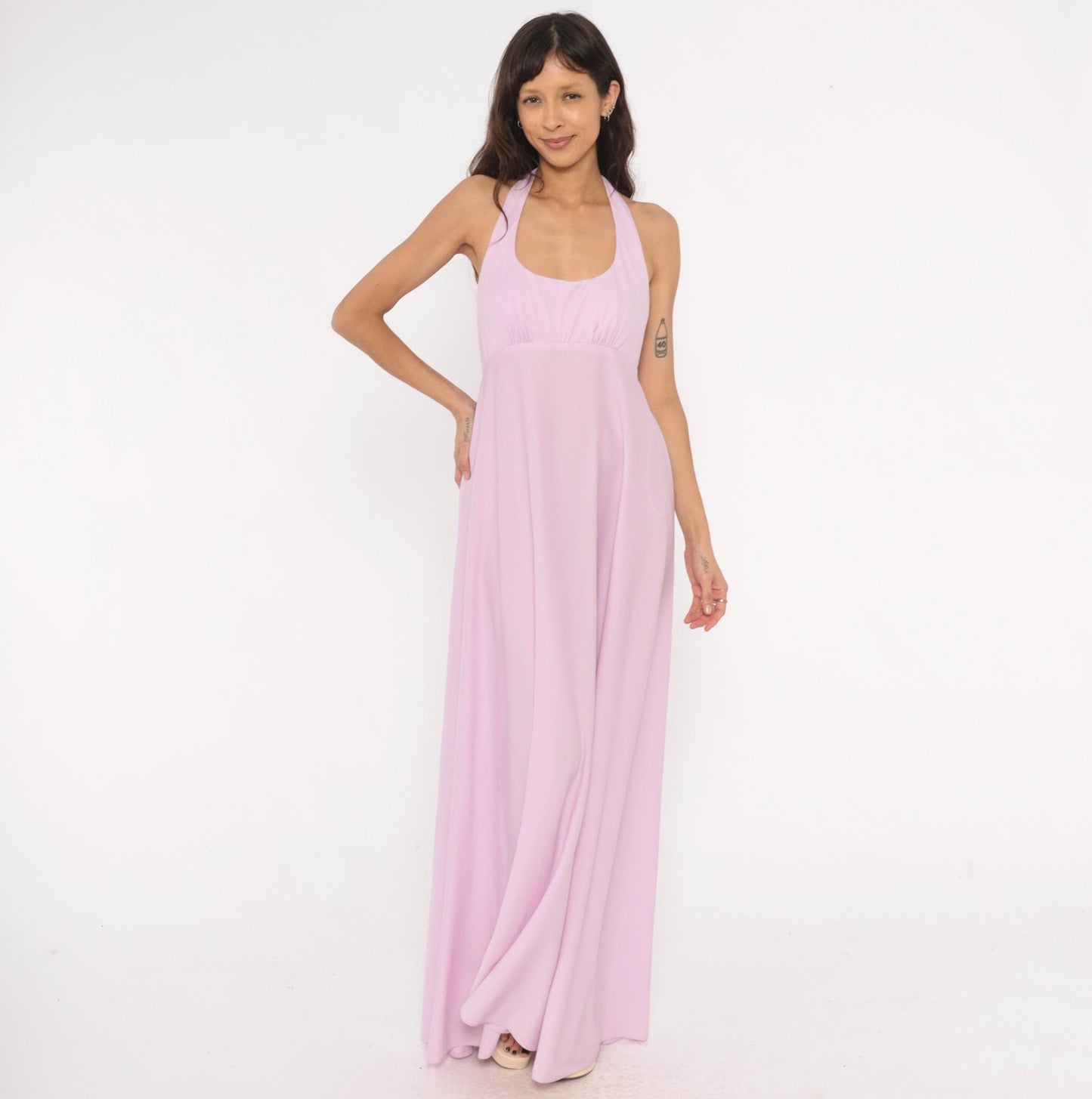 70s Lilac Halter Maxi Dress Empire Waist Open Back Floor Length Medium