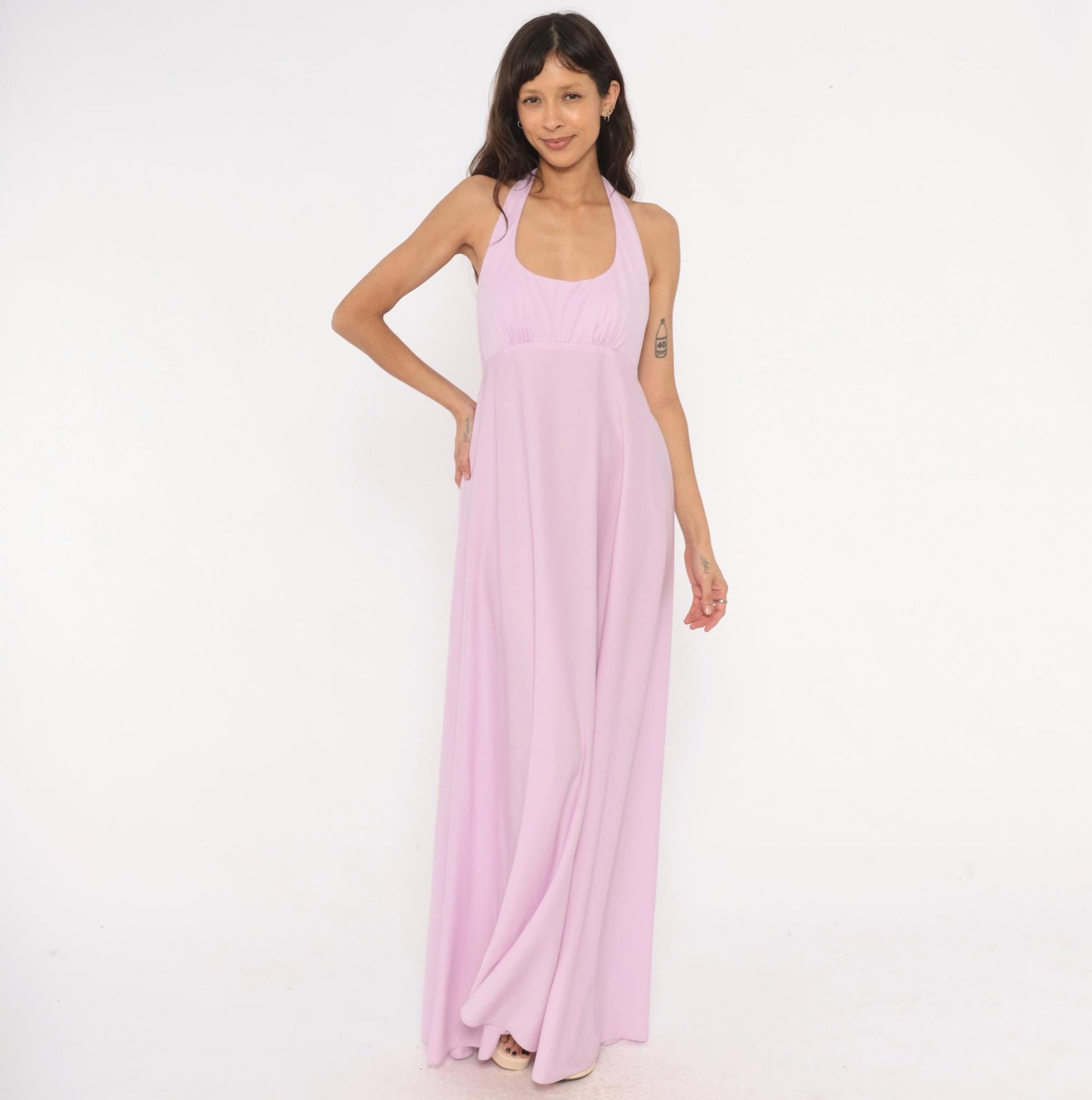 70s Lilac Halter Maxi Dress Empire Waist Open Back Floor Length Medium