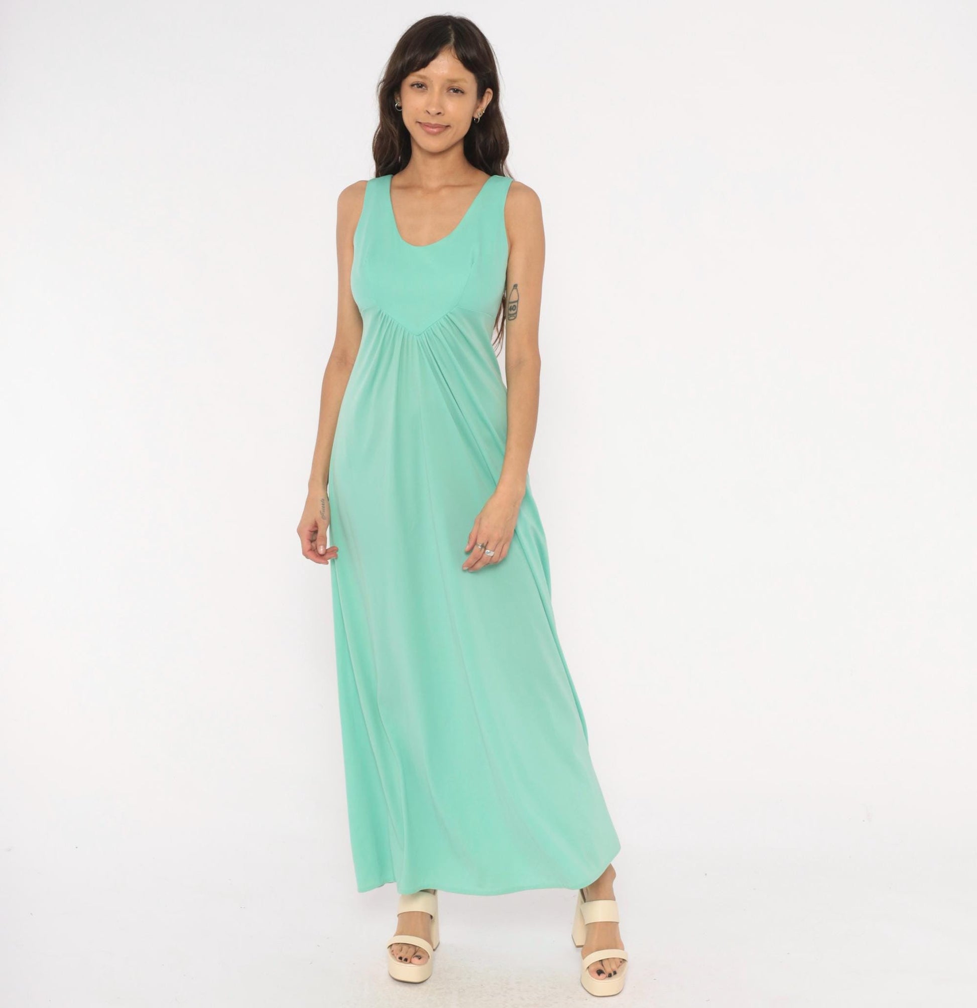 70s Mint Green Sleeveless Maxi Dress Empire Waist A-Line Medium