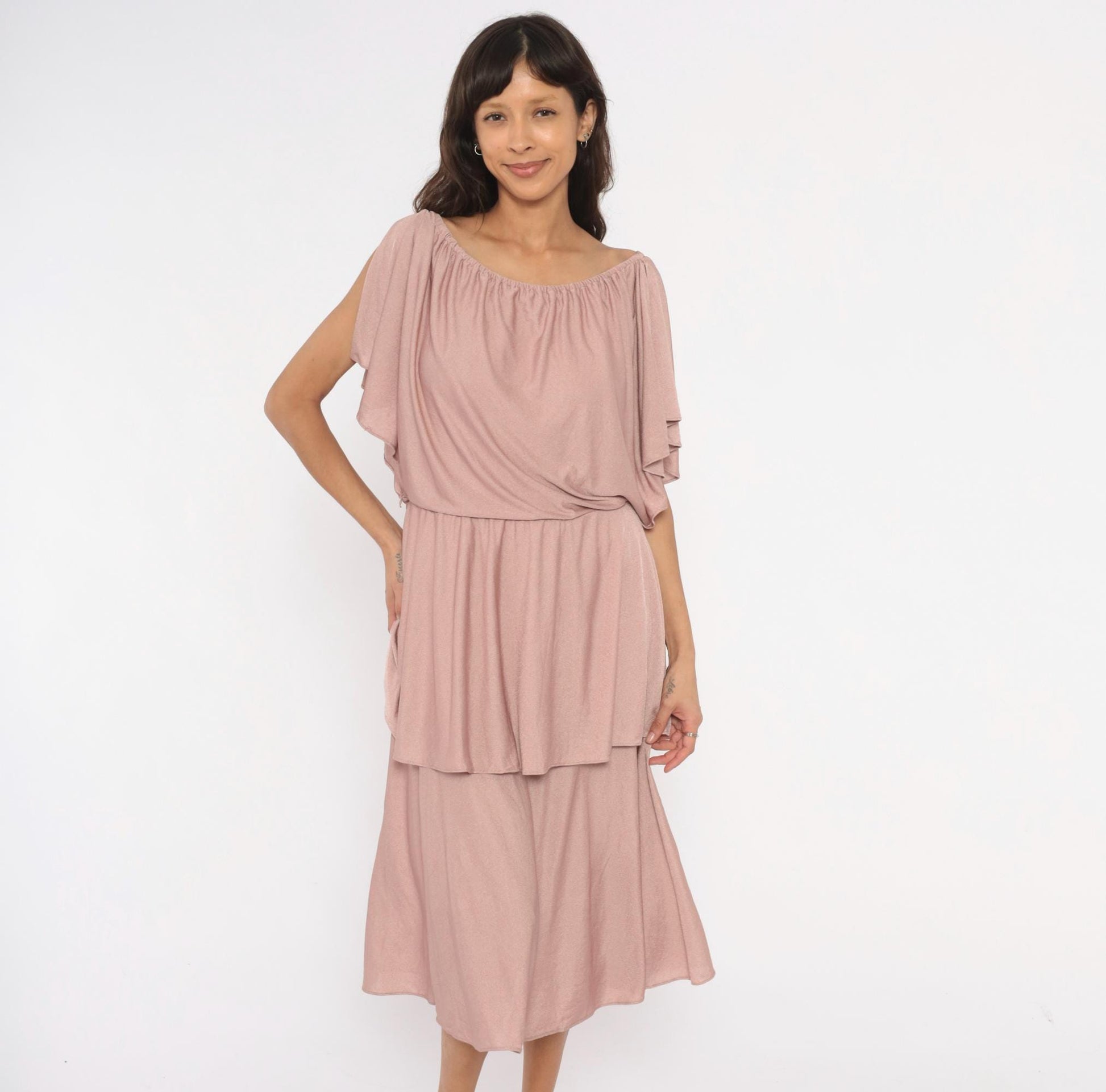 70s The Dress Mauve Tiered Midi Dress Flutter Sleeve Cold Shoulder Medium