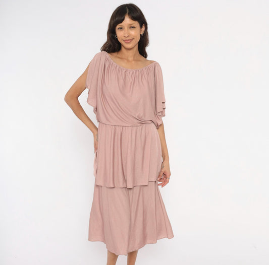 70s The Dress Mauve Tiered Midi Dress Flutter Sleeve Cold Shoulder Medium