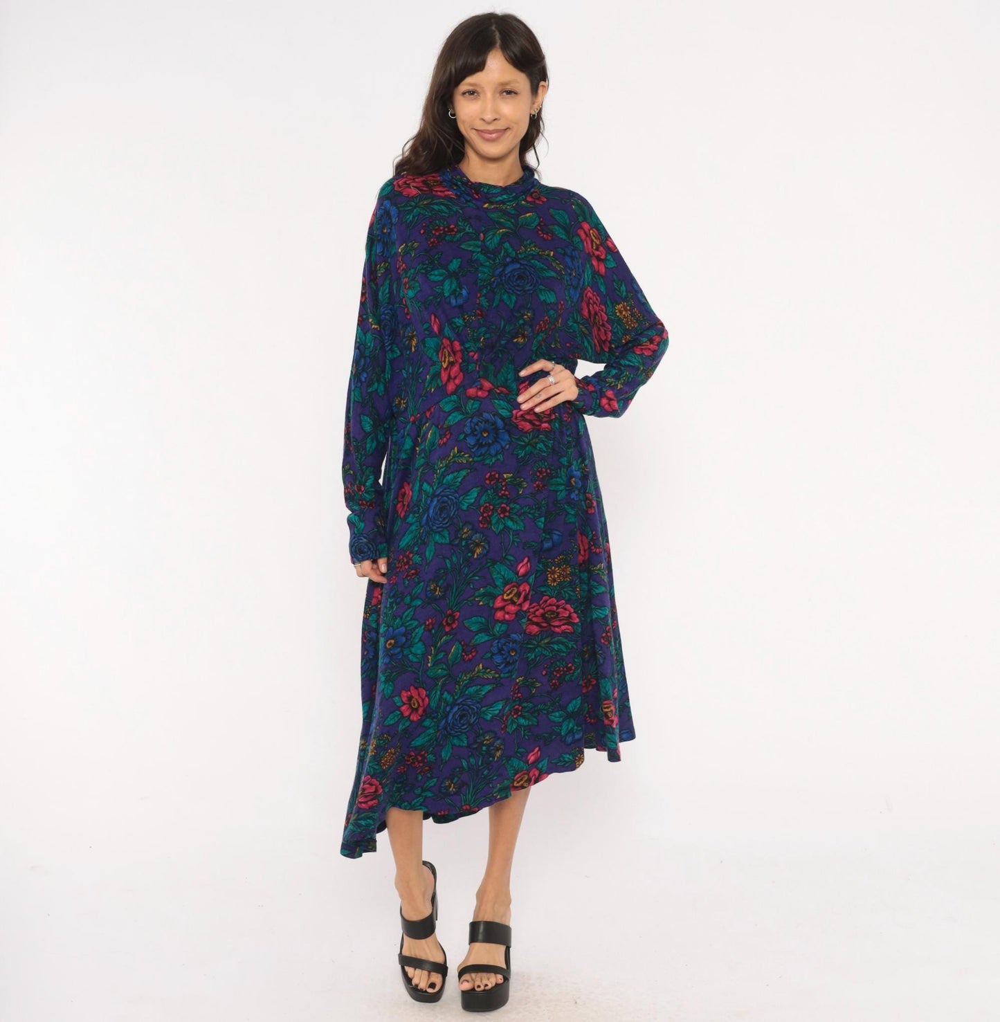 90s Alison J. Floral Mock Neck Midi Dress Purple Teal Long Sleeve Large L