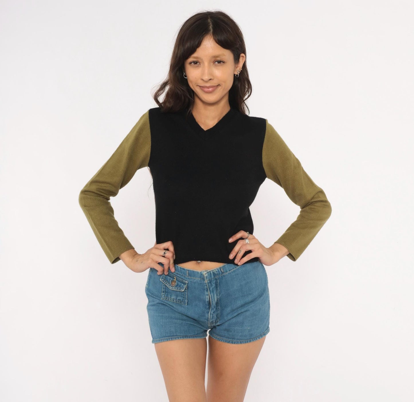 90s Catch 22 Color Block V-Neck Sweater Black Olive Green Small