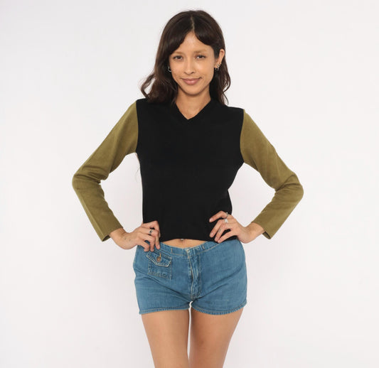 90s Catch 22 Color Block V-Neck Sweater Black Olive Green Small