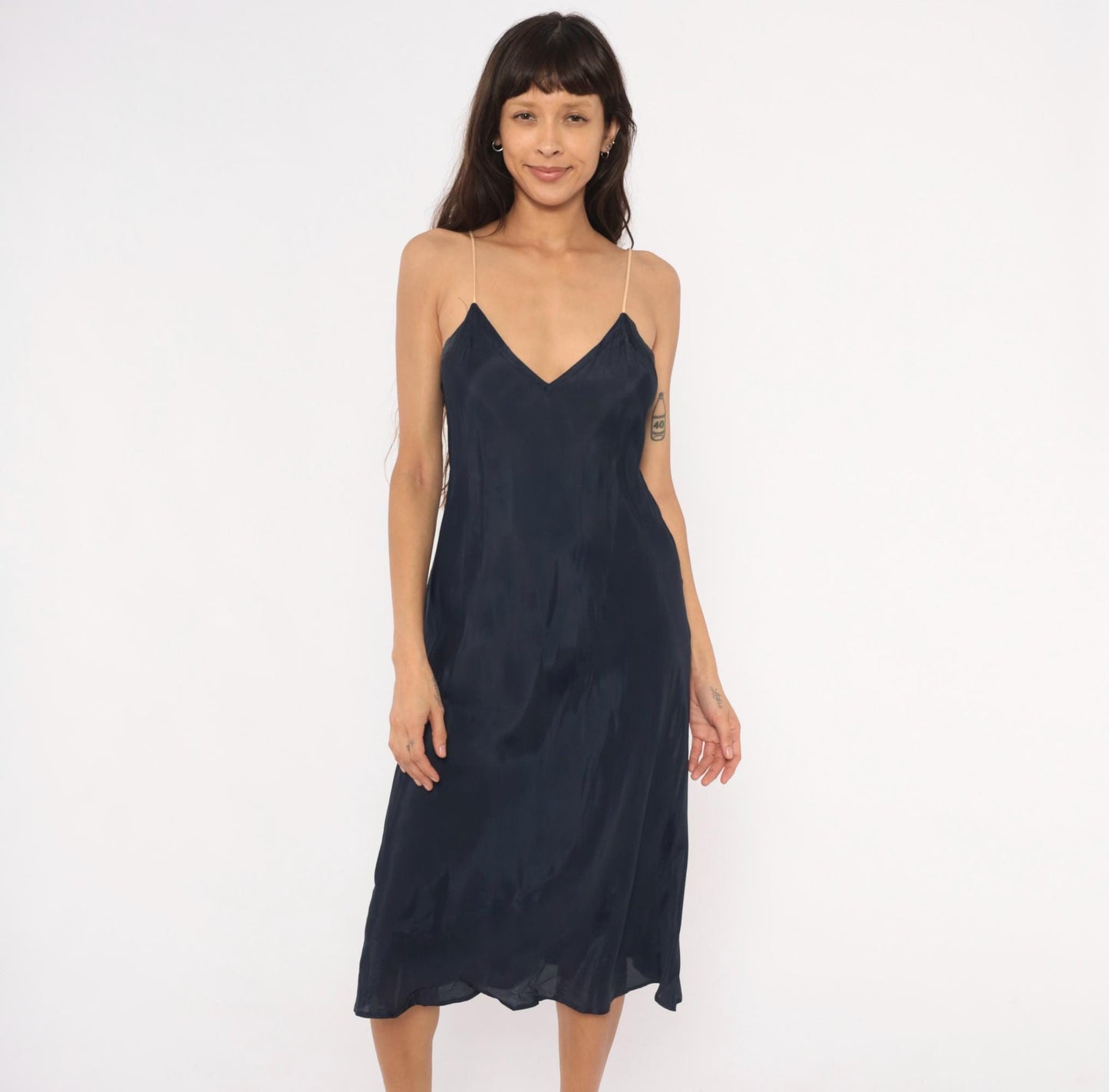 70s Navy Slip Dress Midi V-Neck Spaghetti Strap Acetate Small
