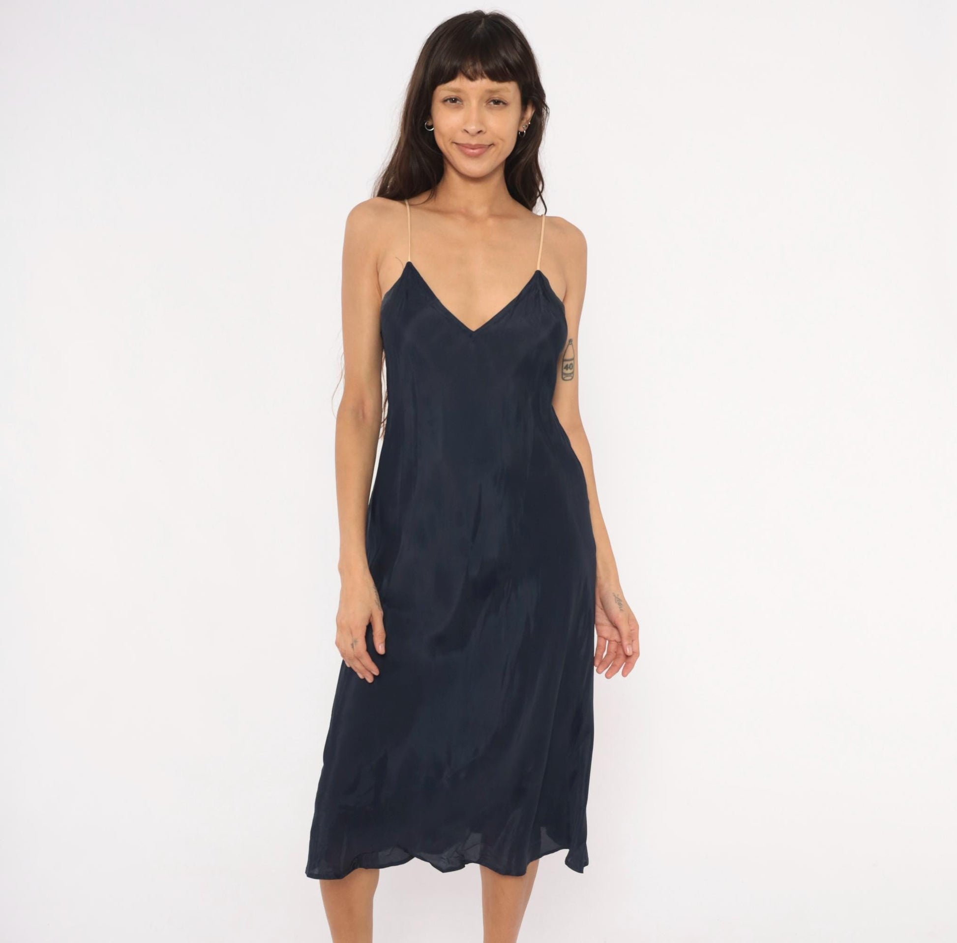 70s Navy Slip Dress Midi V-Neck Spaghetti Strap Acetate Small